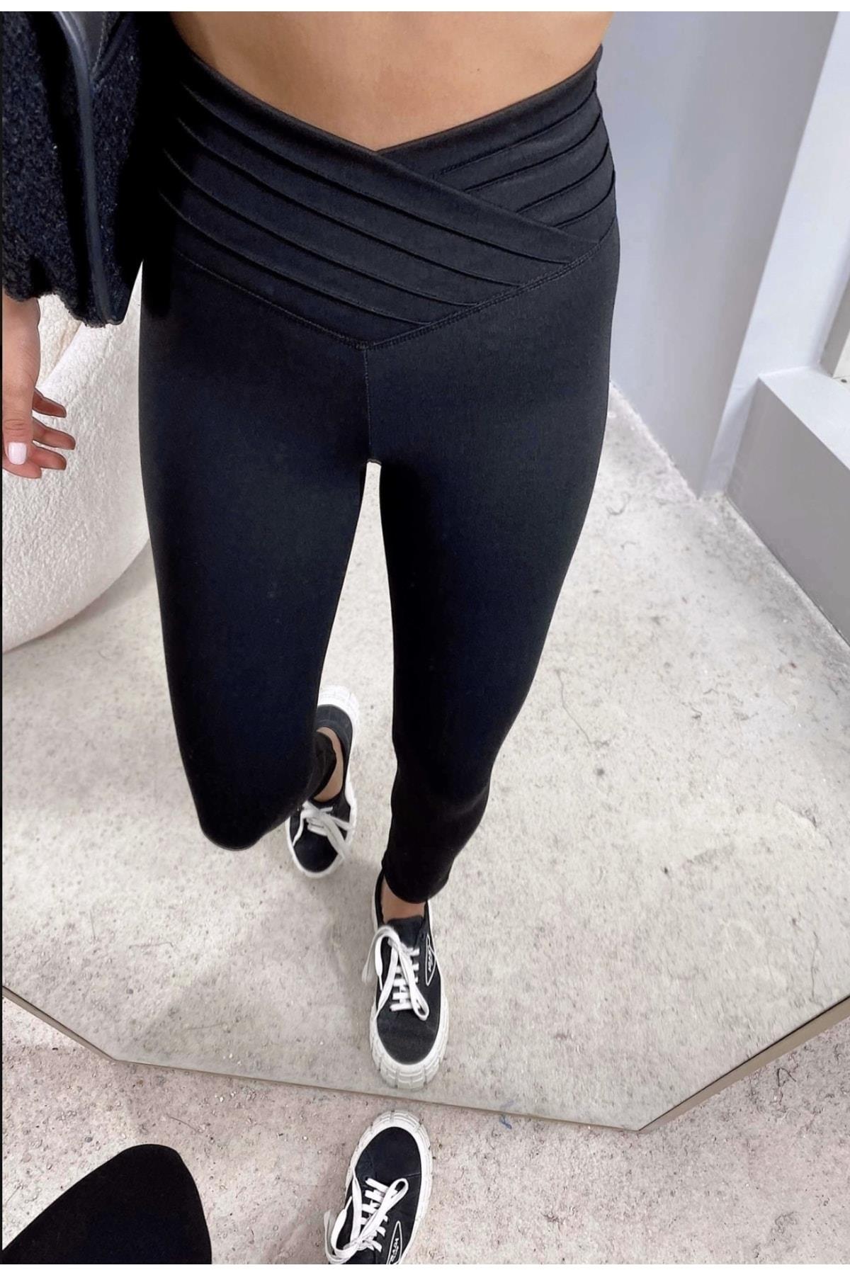 Kadın Beli Nervürlü Pushup Etkili Yüksek Bel Çelik Siyah Tayt