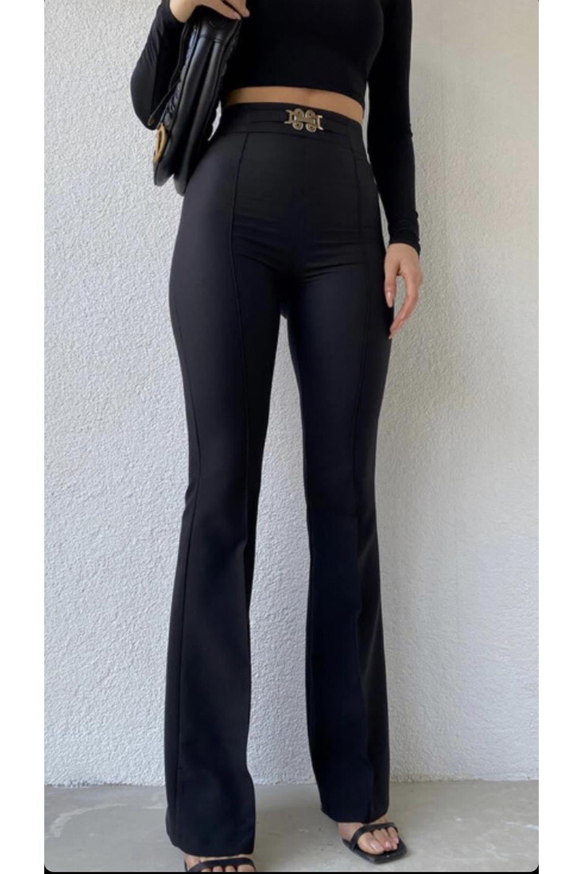 Kadın Beli Tokalı Ispanyol Paça Krem Pantolon