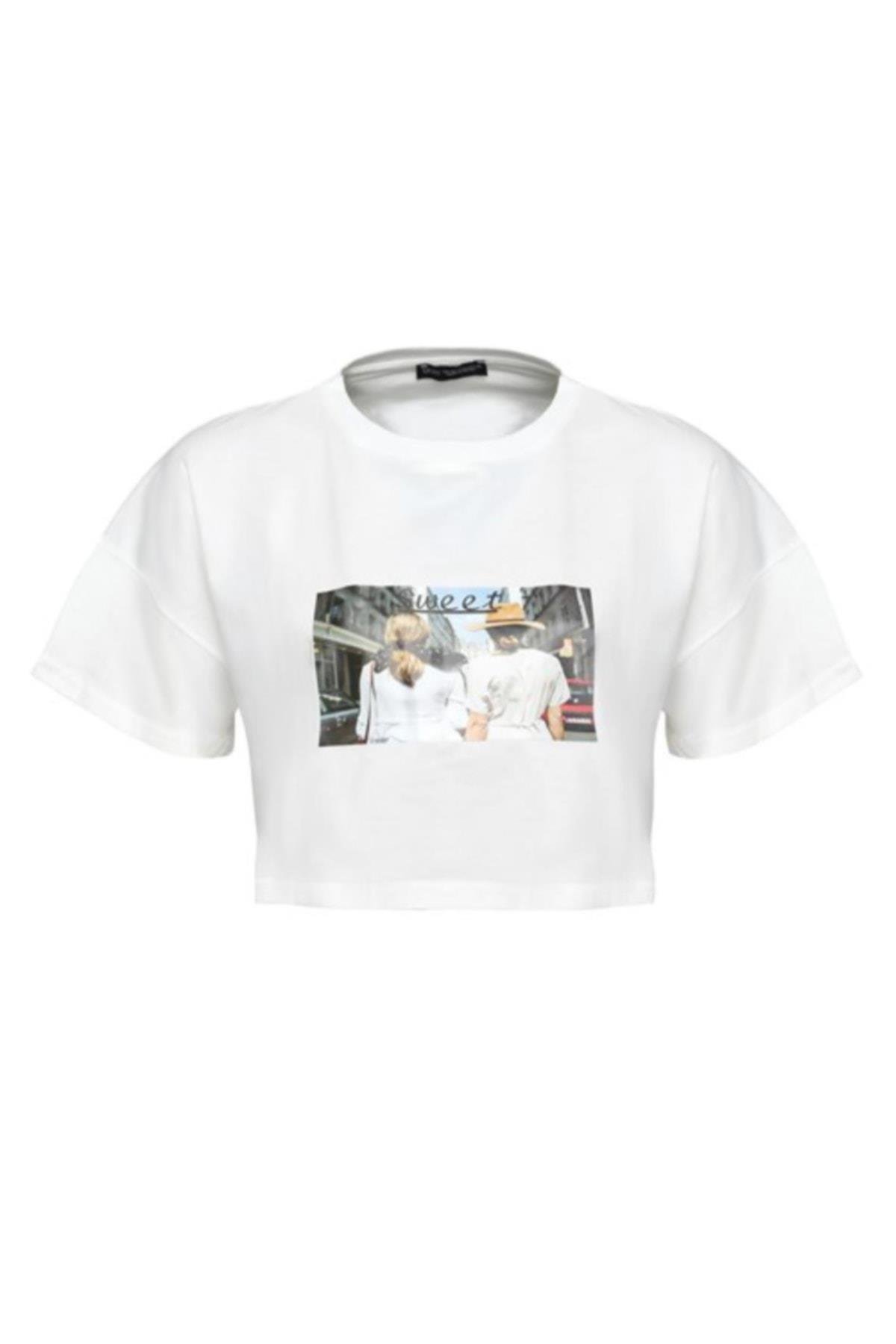 Kadın Beyaz Baskılı Crop T-shirt