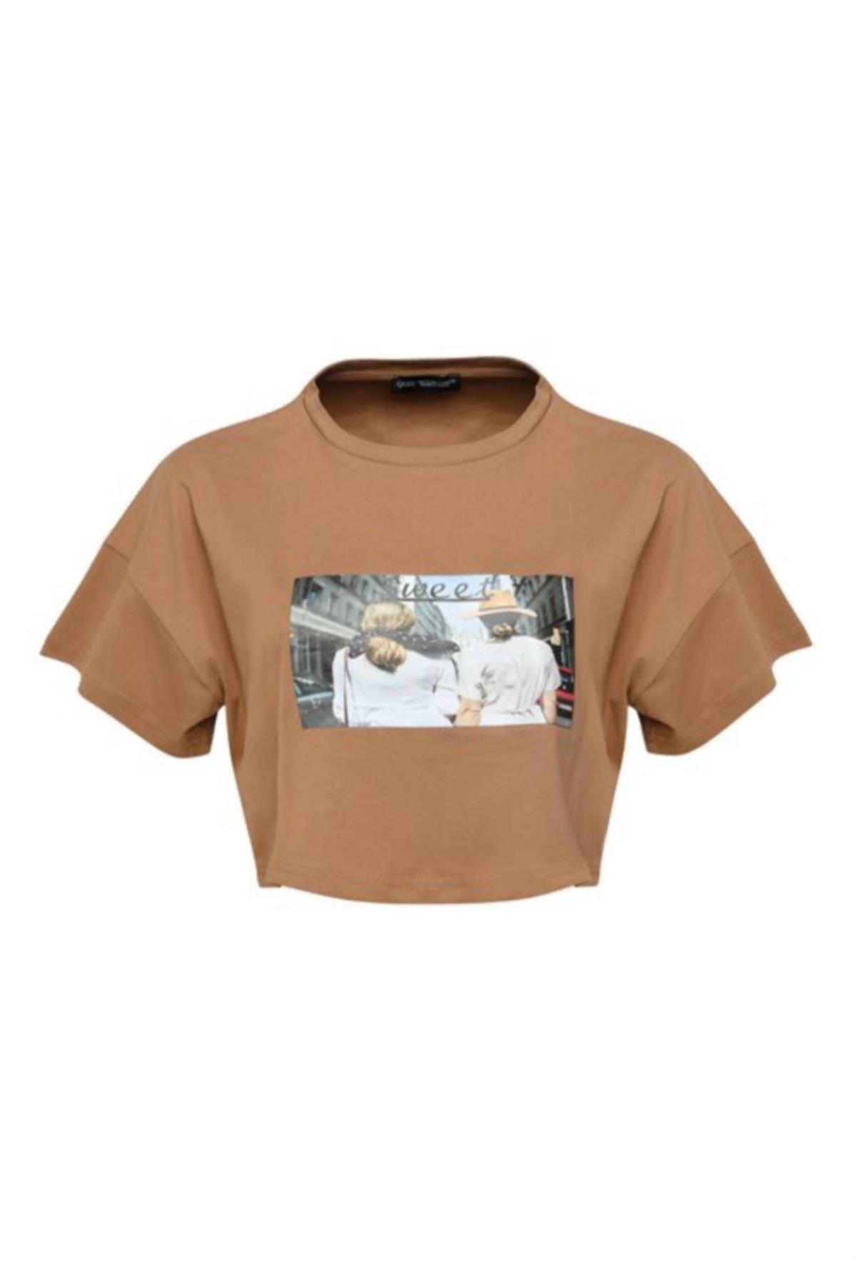 Kadın Beyaz Baskılı Crop T-shirt