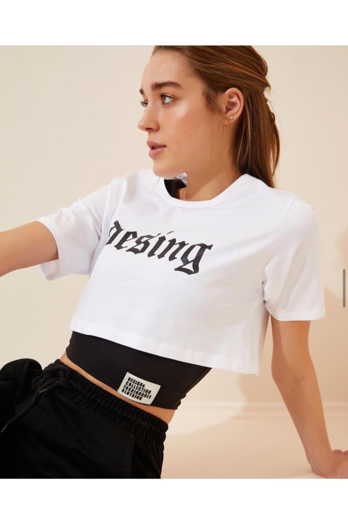 Kadın Beyaz Yazılı Ikili Mini T-shirt