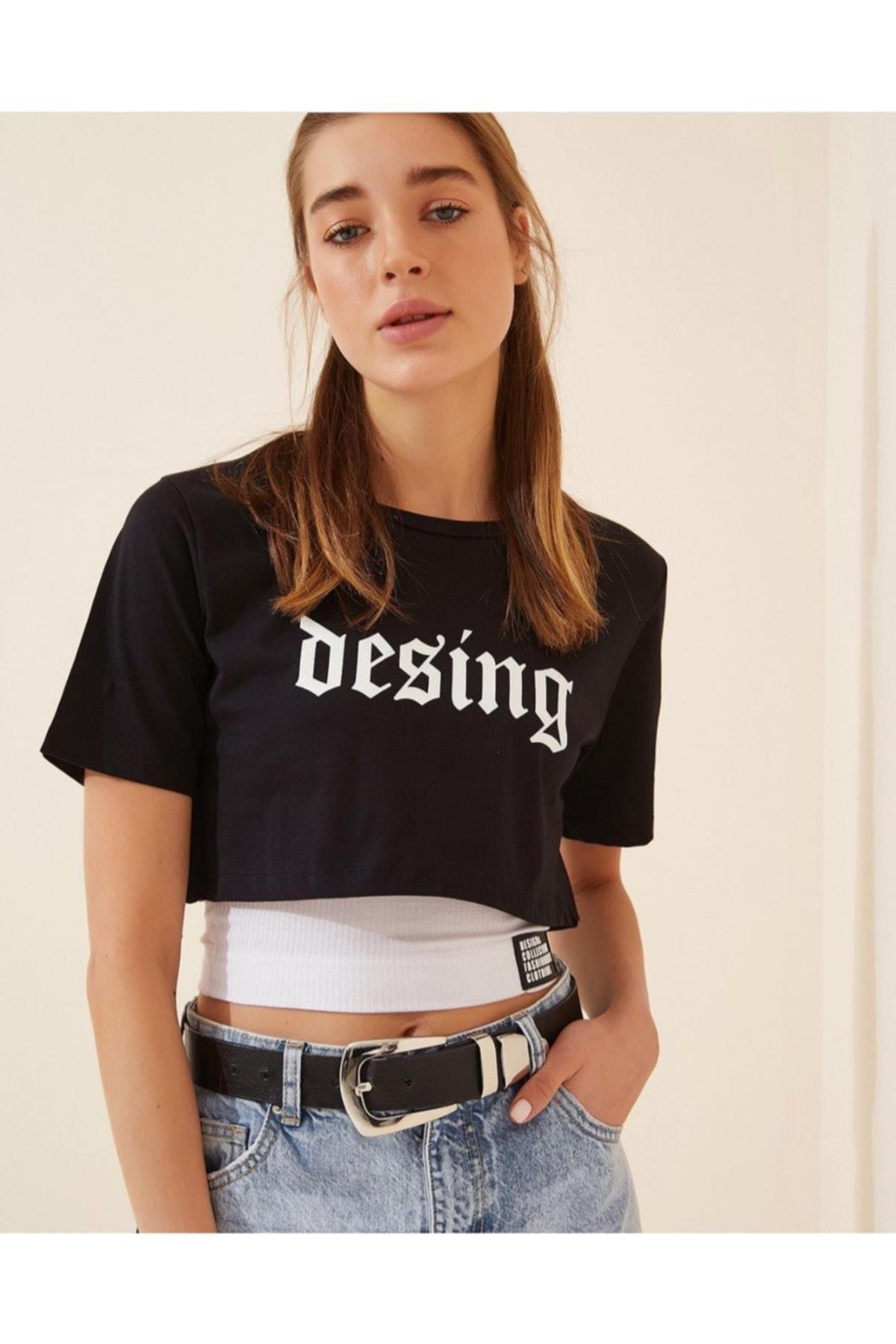 Kadın Beyaz Yazılı Ikili Mini T-shirt