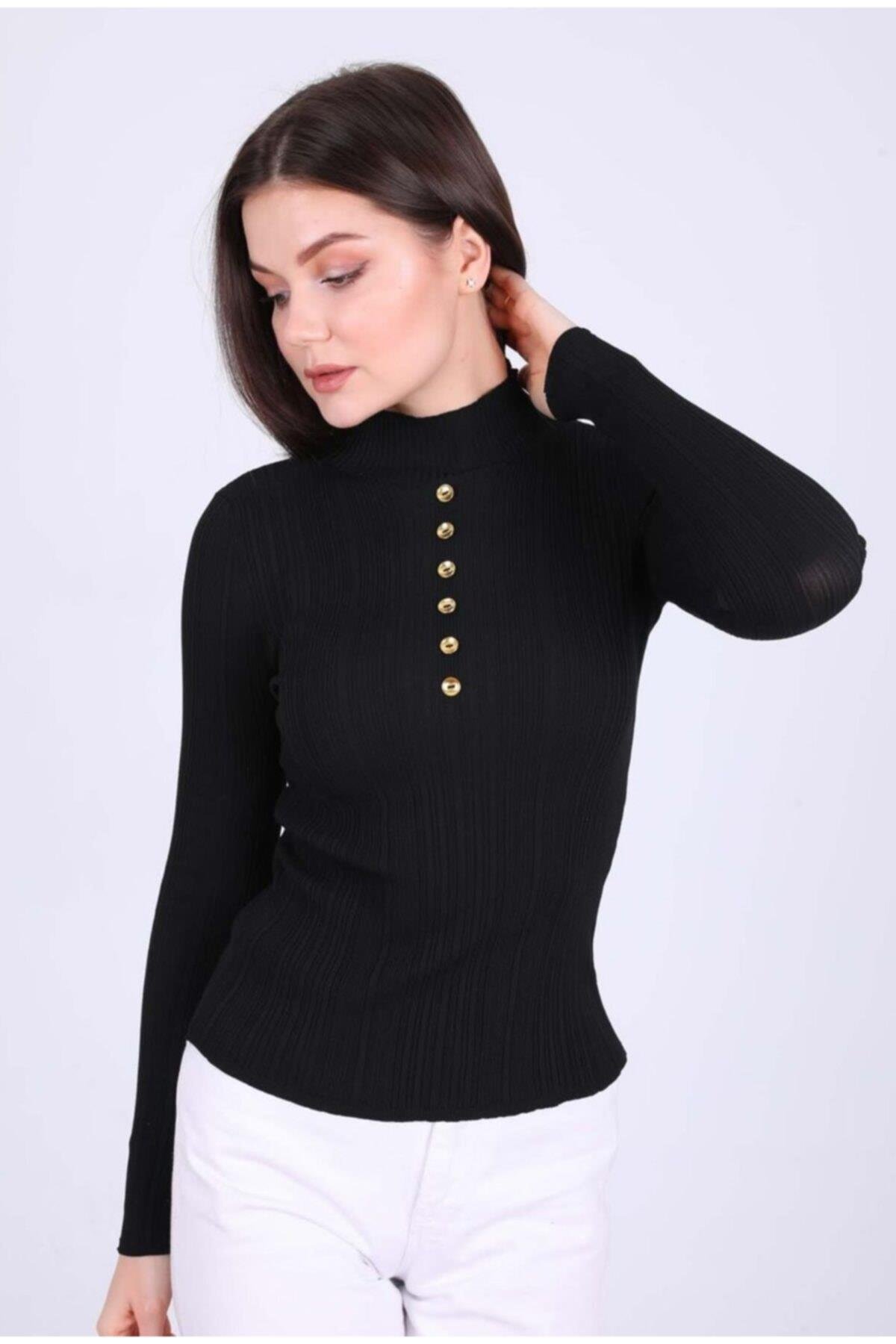 Kadın Düğme Detaylı Likralı Siyah Kazak
