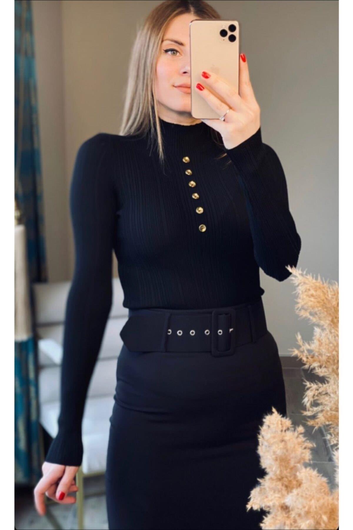 Kadın Düğme Detaylı Likralı Siyah Kazak