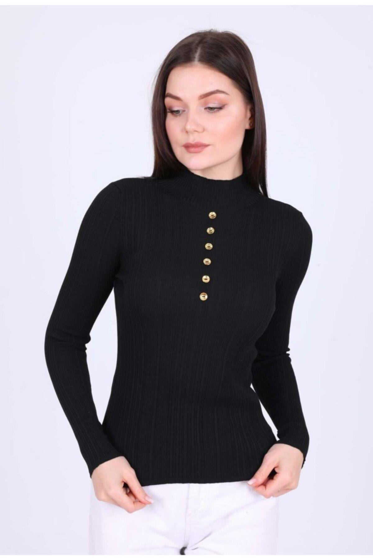 Kadın Düğme Detaylı Likralı Siyah Kazak