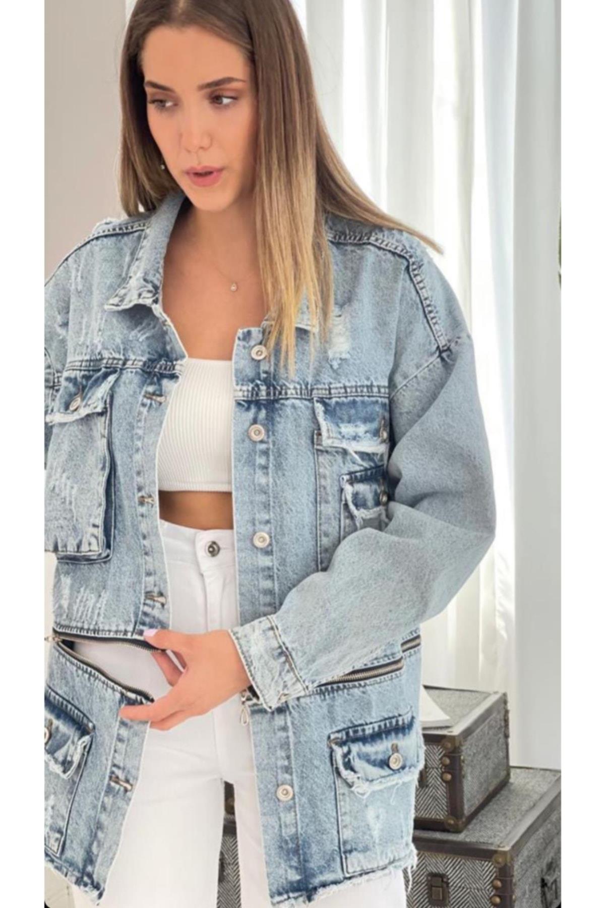 Kadın Fermuar Detaylı Cepli Mavi Denim Ceket