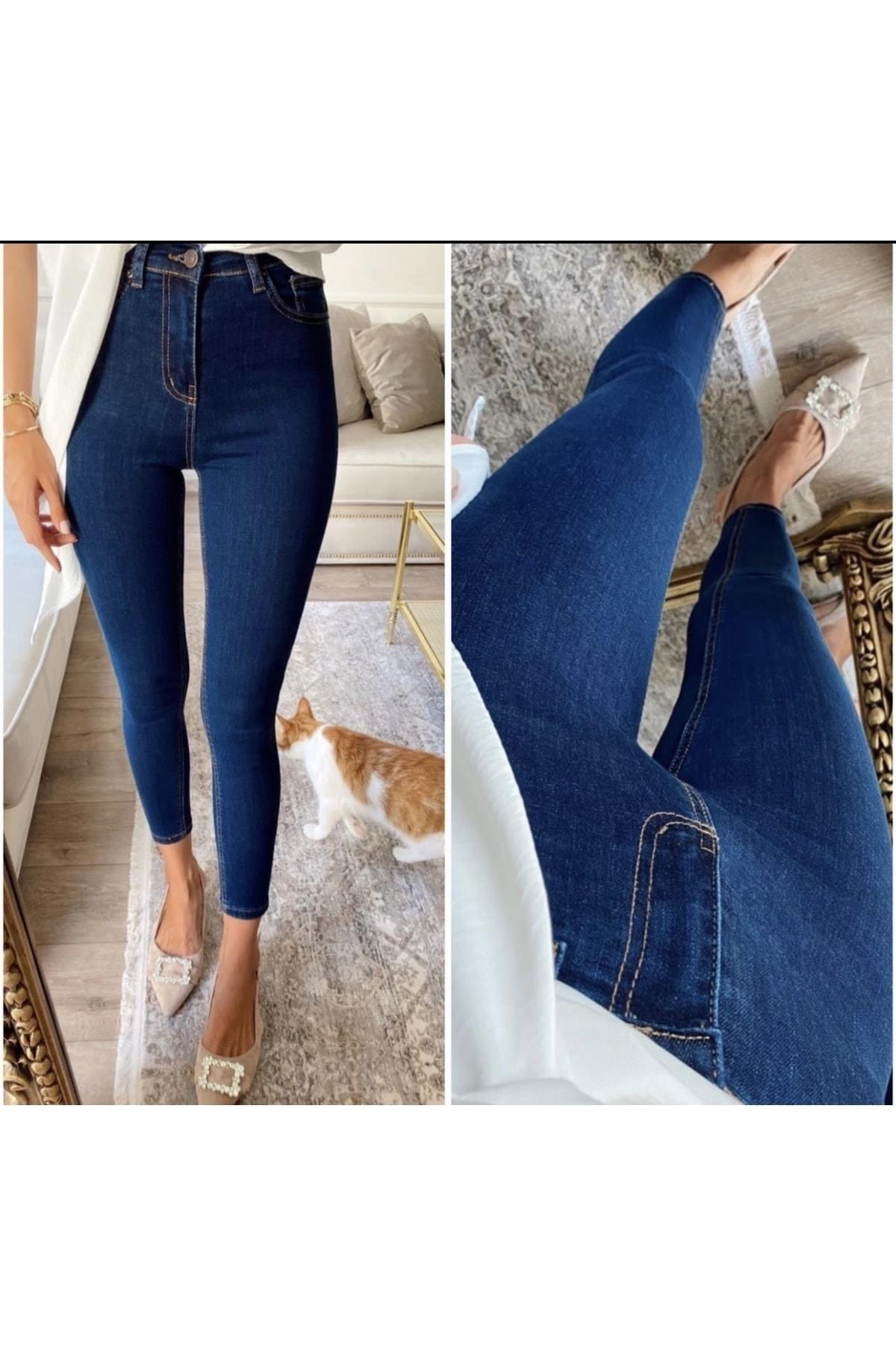 Kadın Full Likralı Lacivert Bir Beden Ince Gösteren Toparlayıcı Skiny Jean