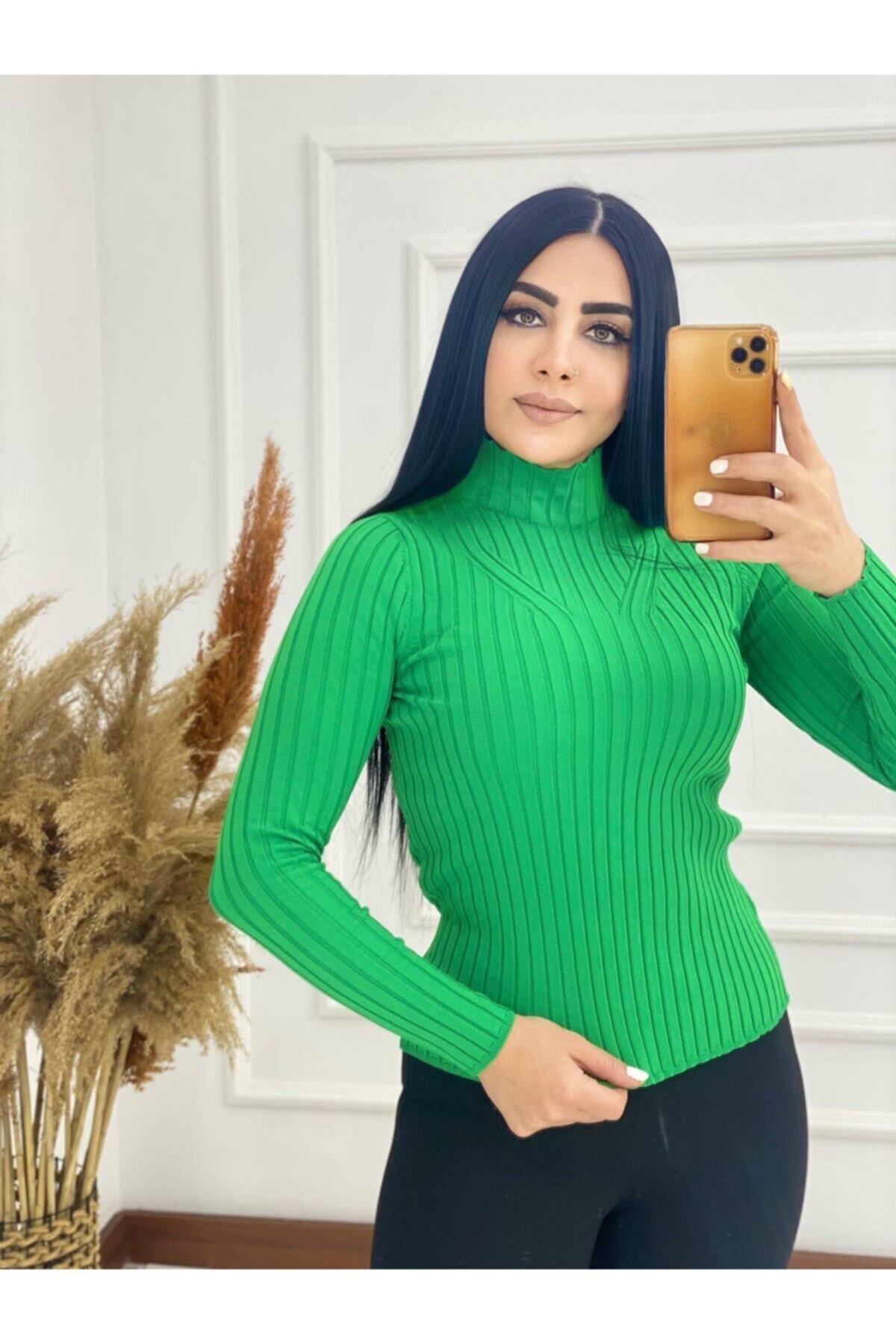 Kadın Likralı Triko Yeşil Kazak