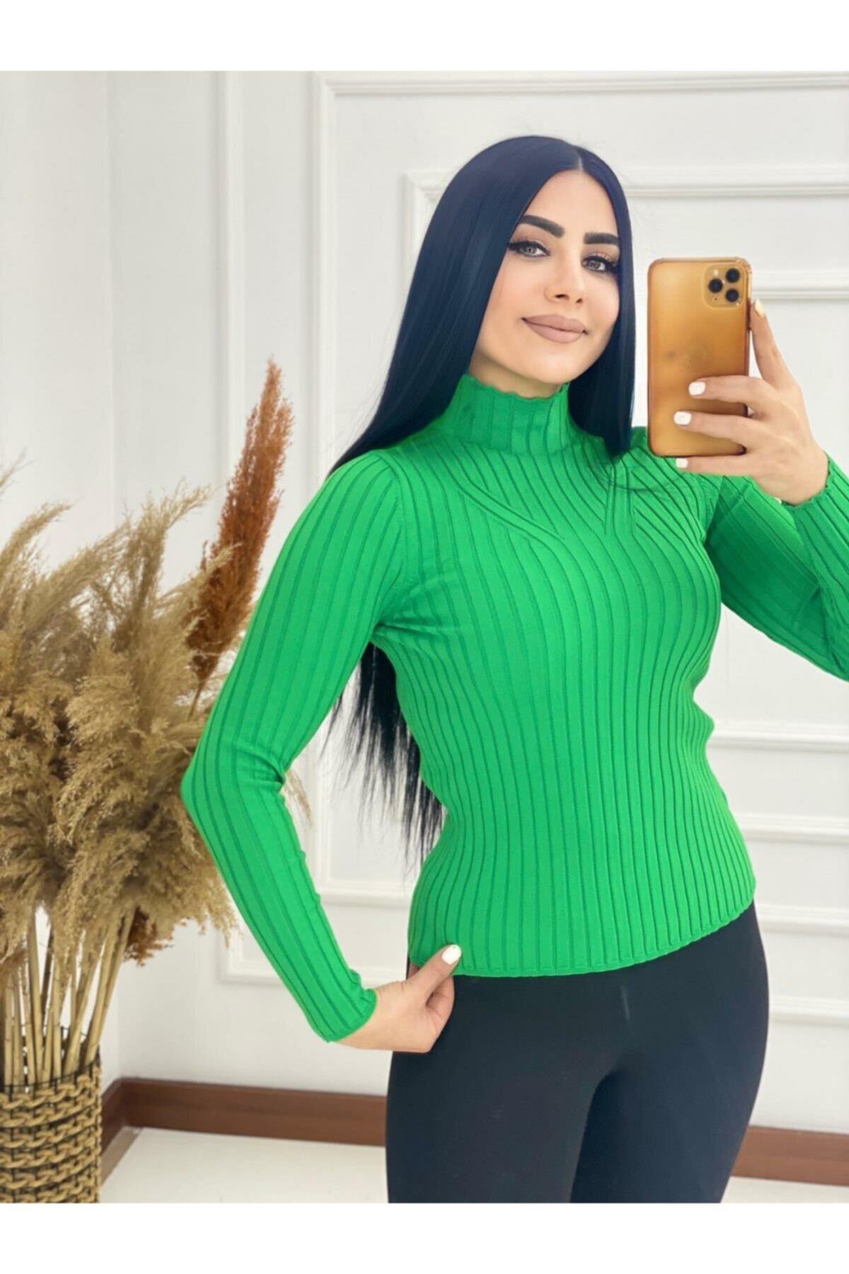 Kadın Likralı Triko Yeşil Kazak