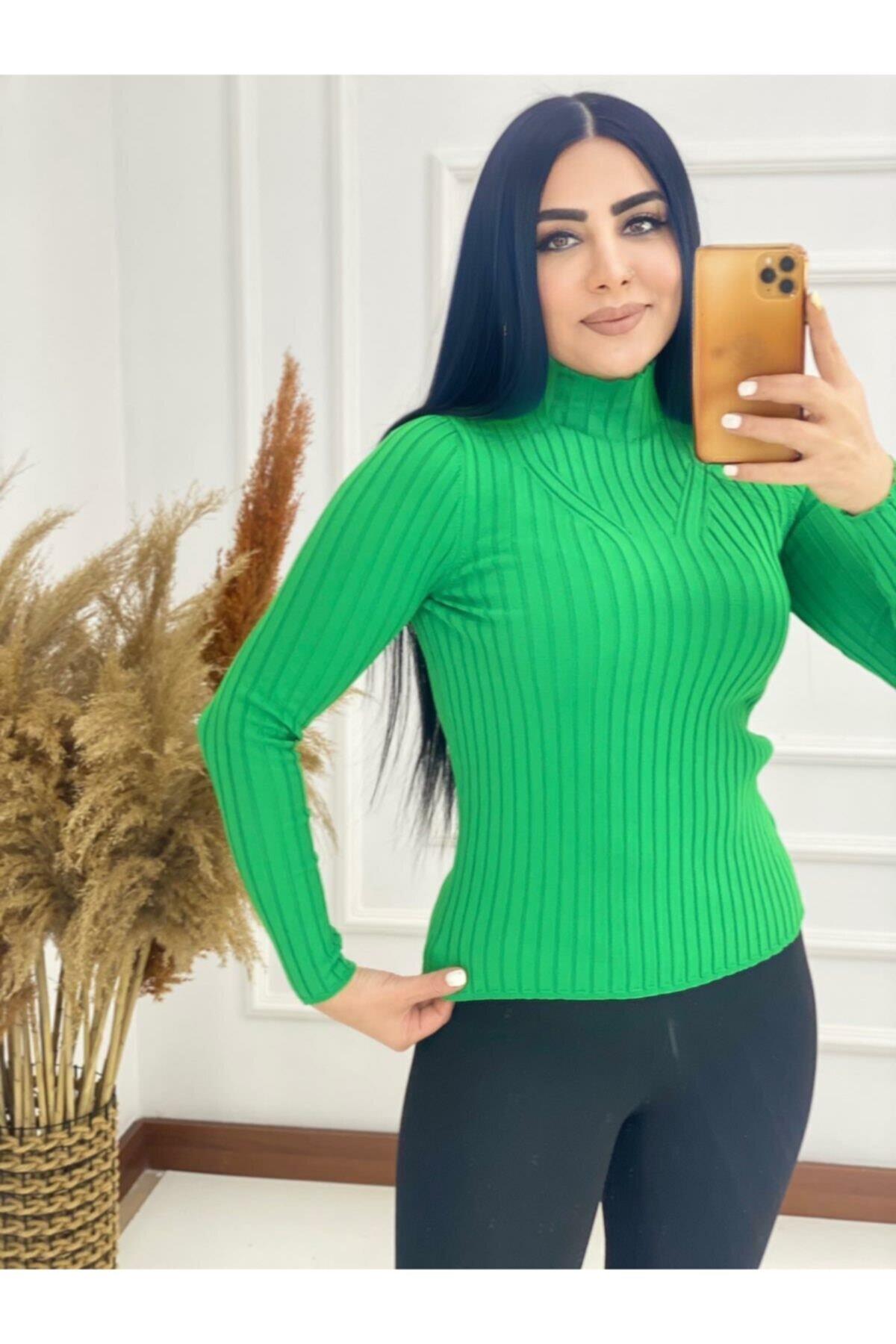 Kadın Likralı Triko Yeşil Kazak