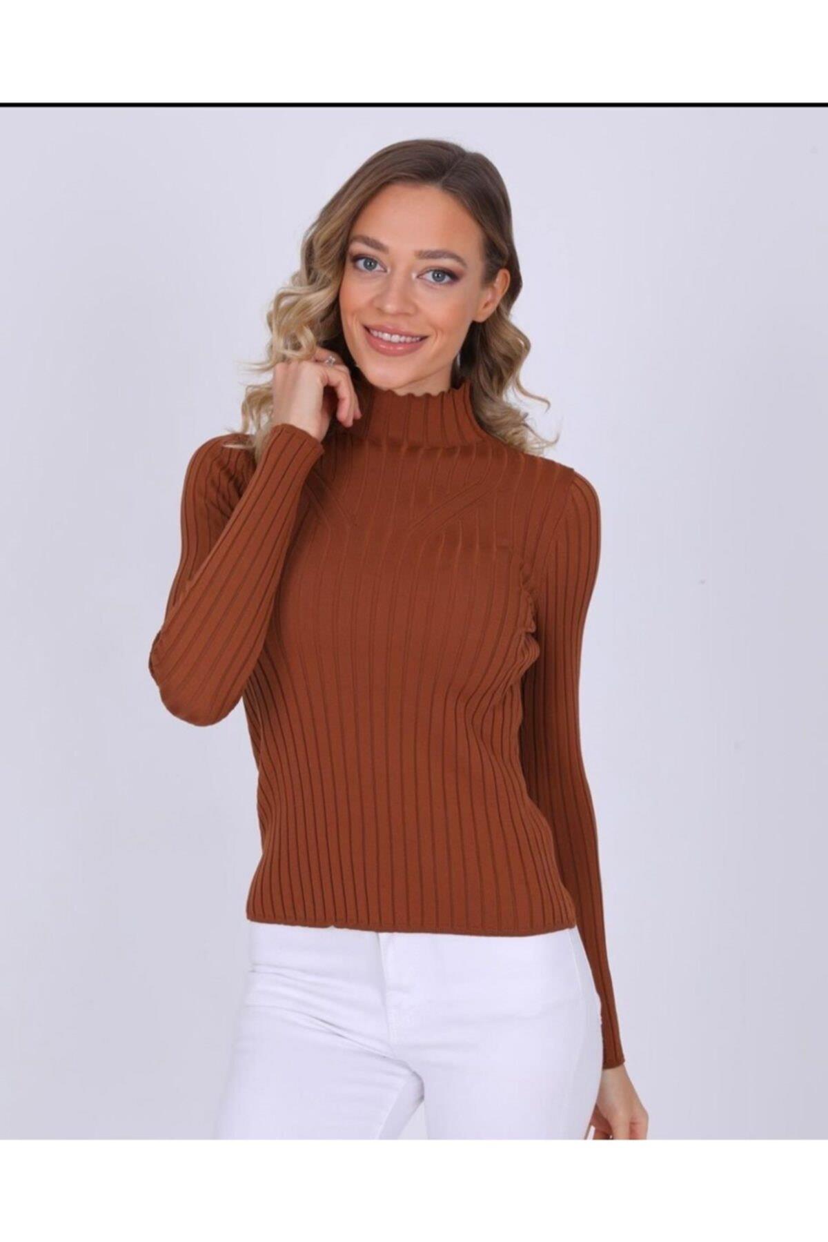 Kadın Likralı Triko Yeşil Kazak