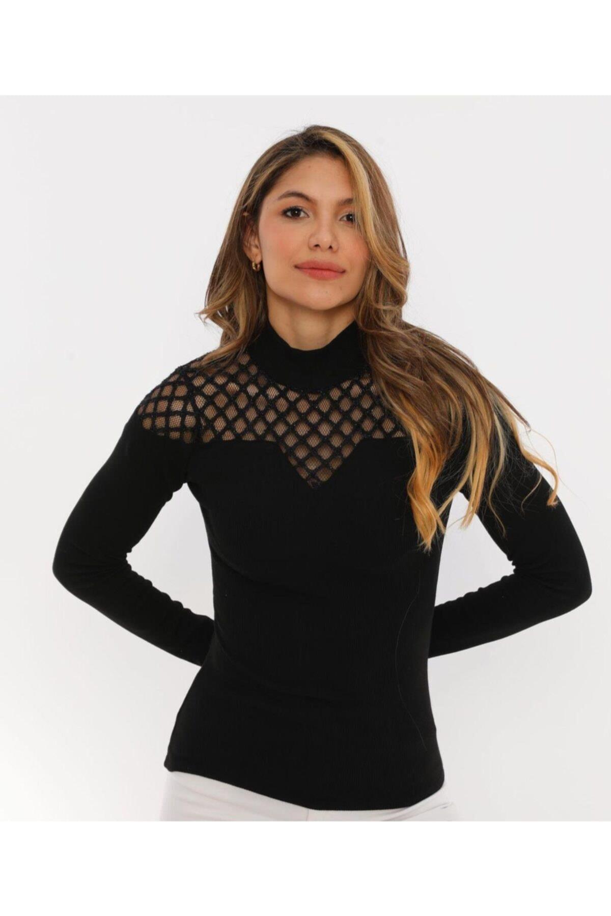 Kadın Omuz Dantel Detay Beyaz Kaşkorse Kazak