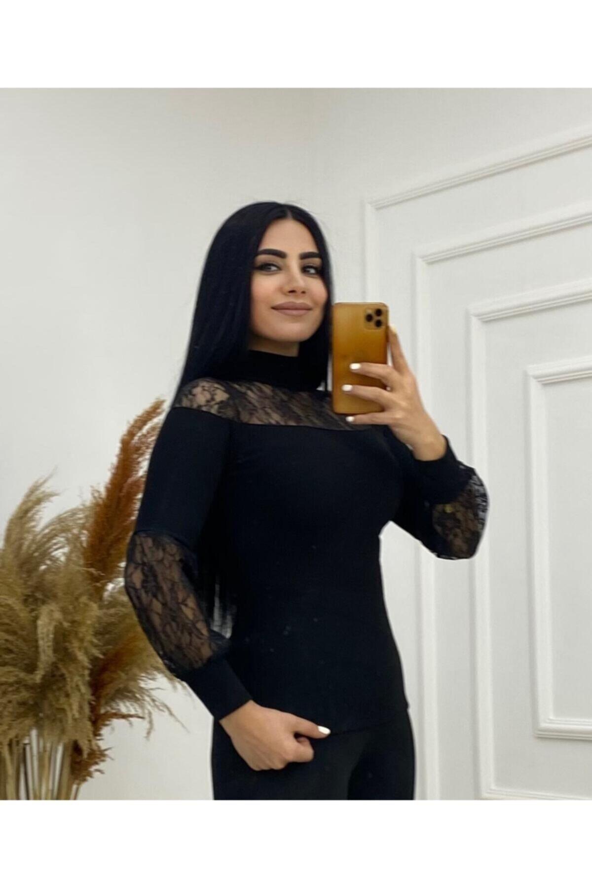 Kadın Omuz Kol Dantel Detay Beyaz Kazak