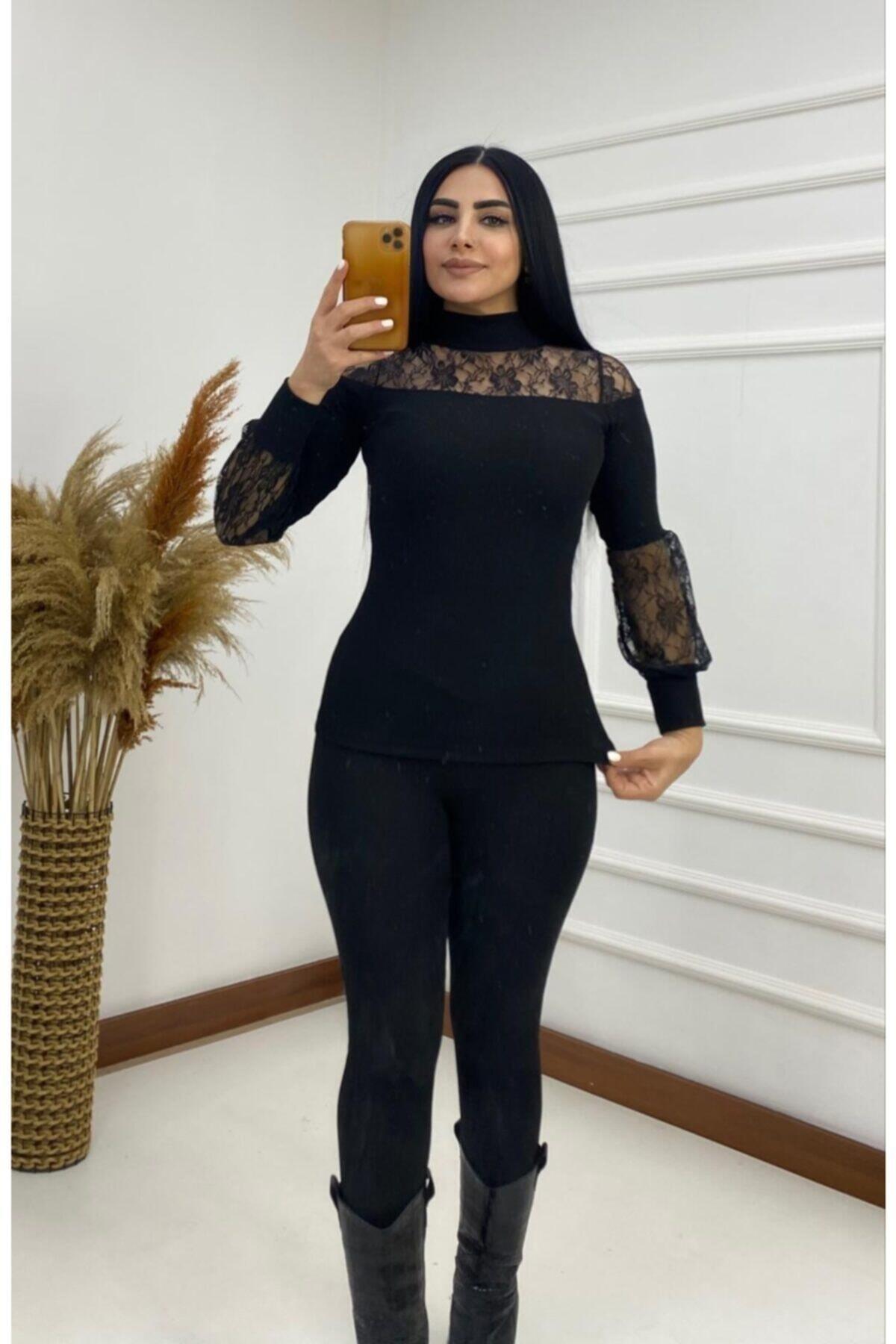 Kadın Omuz Kol Dantel Detay Beyaz Kazak