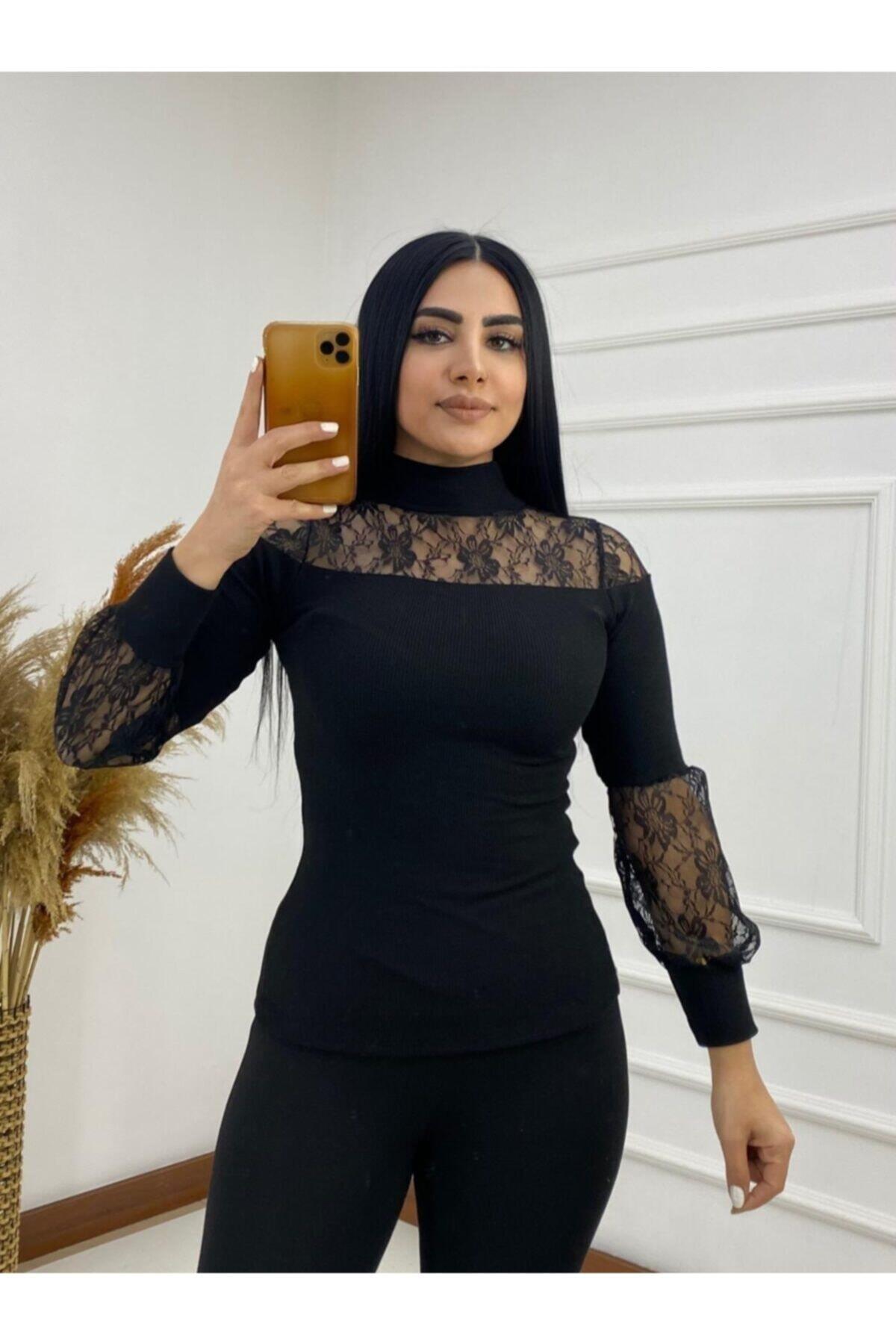 Kadın Omuz Kol Dantel Detay Beyaz Kazak