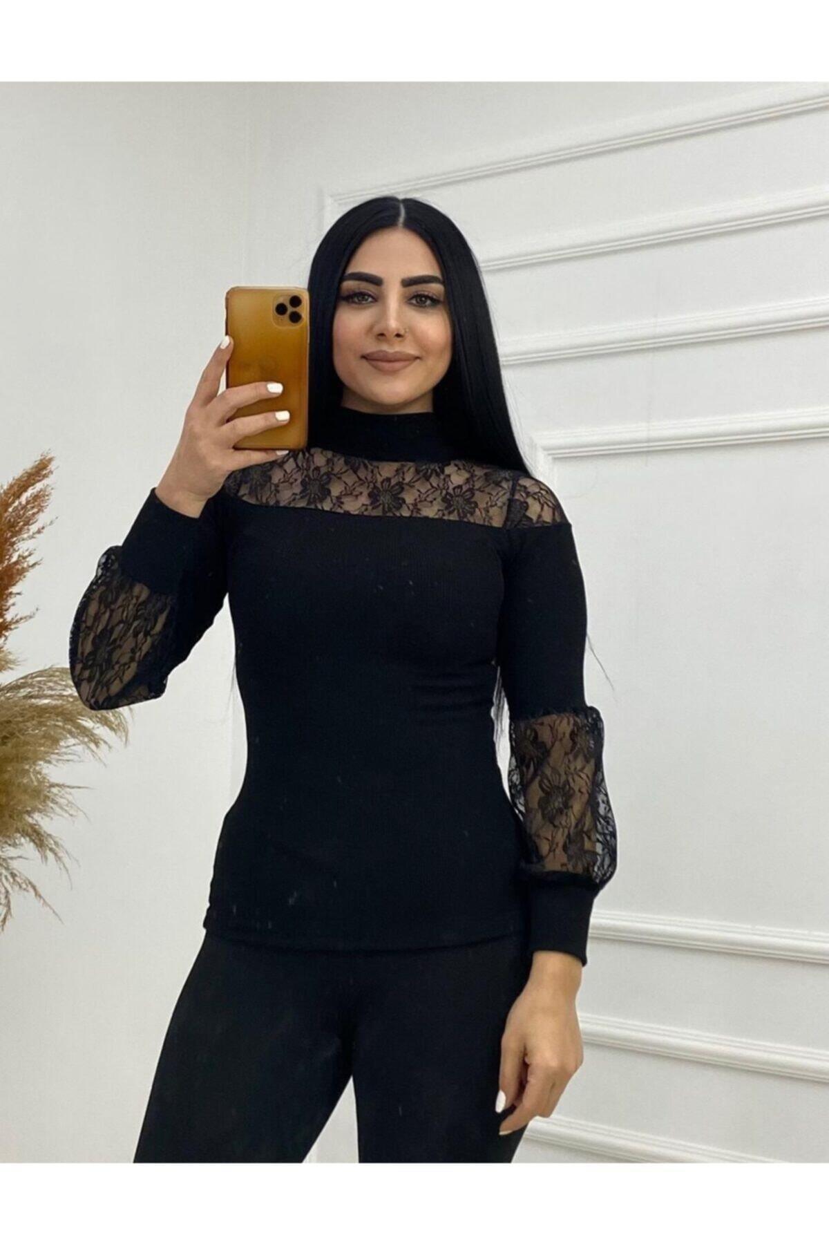 Kadın Omuz Kol Dantel Detay Beyaz Kazak