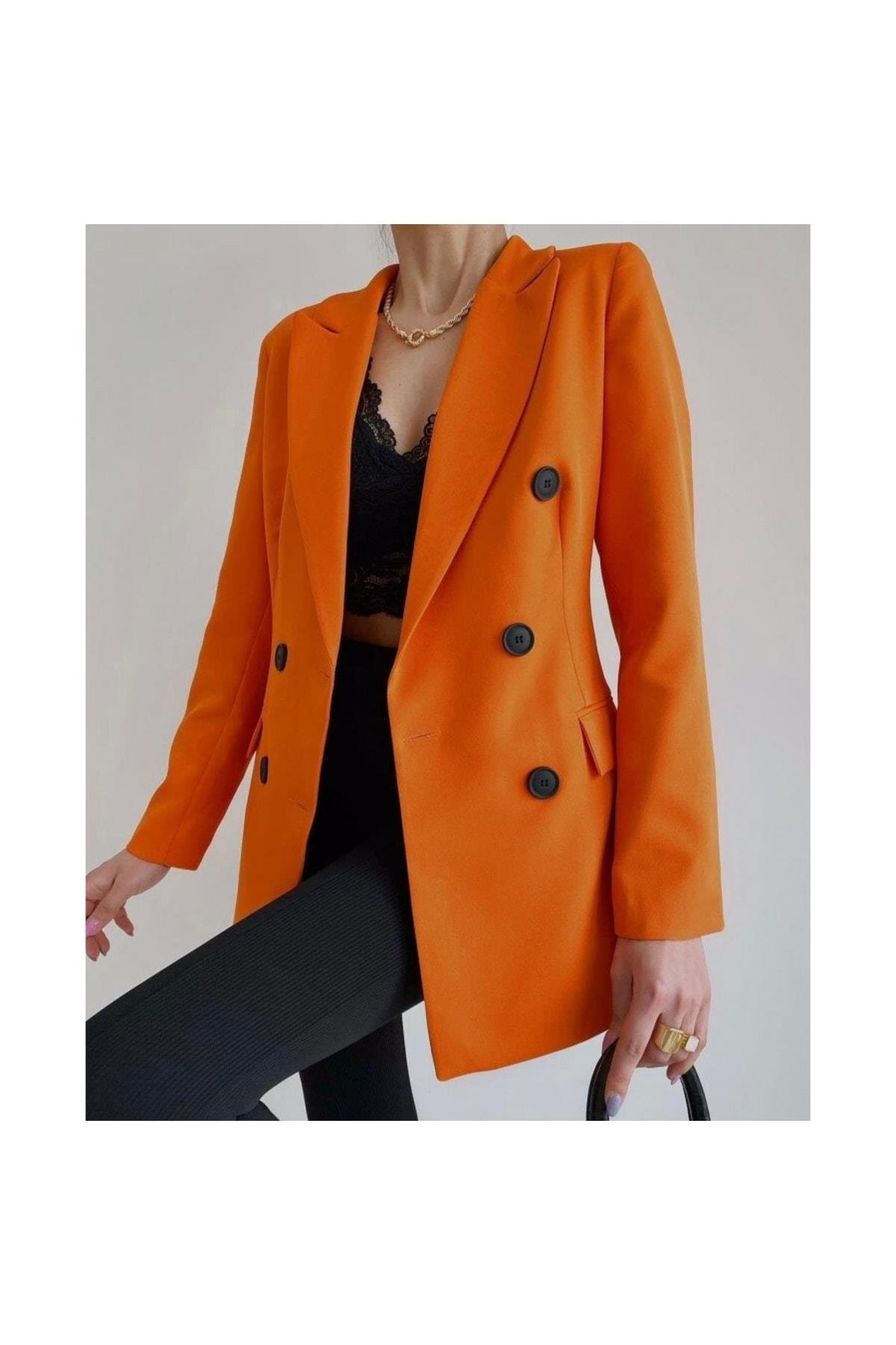 Kadın Önü Düğmeli Turuncu Blazer Ceket
