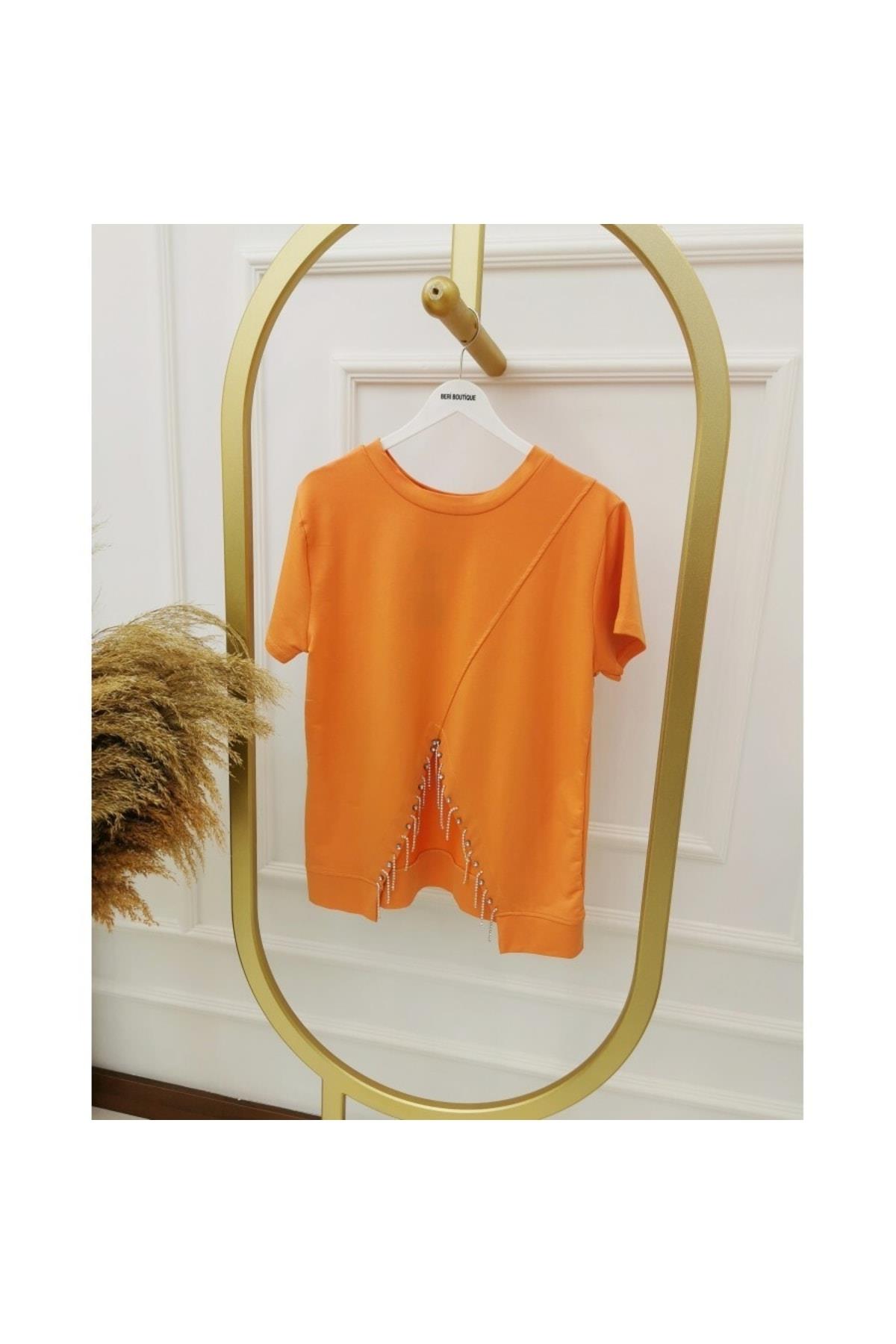 Kadın Önü Taşlı Turuncu T-shirt