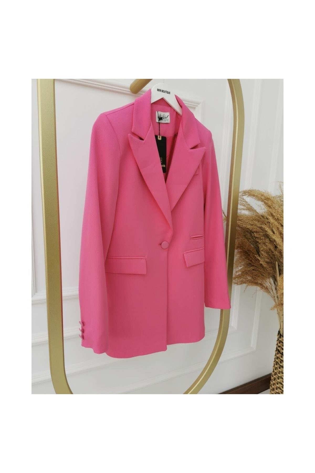 Kadın Önü Tek Düğmeli Pembe Blazer Ceket