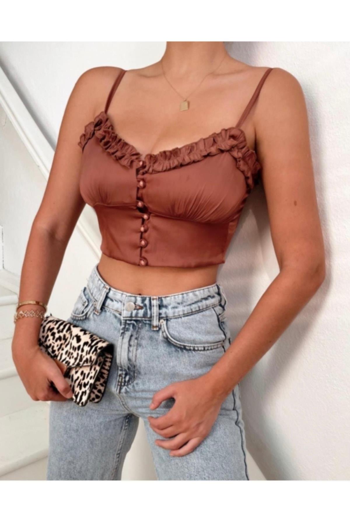 Kadın Saten Düğme Detaylı Taba Ip Askılı Büstiyer