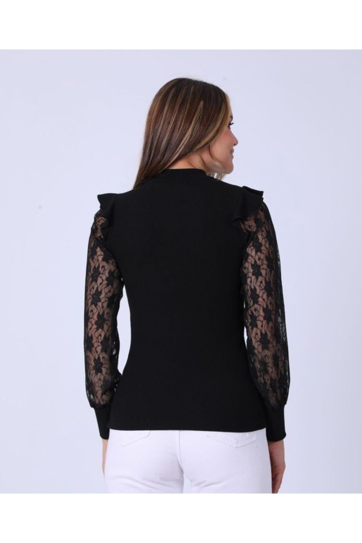 Kadın Siyah Kolları Dantel Detaylı Kazak