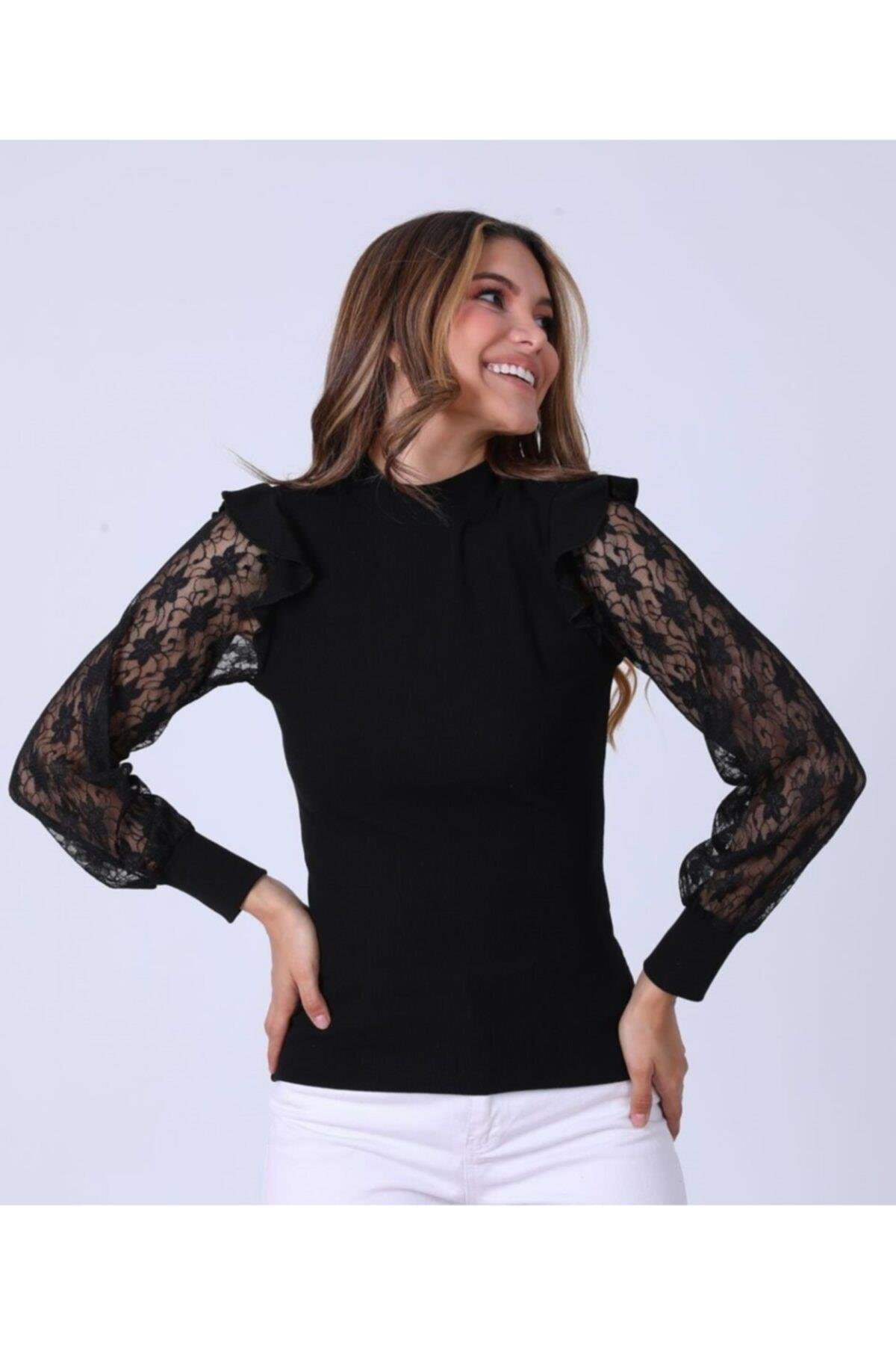 Kadın Siyah Kolları Dantel Detaylı Kazak