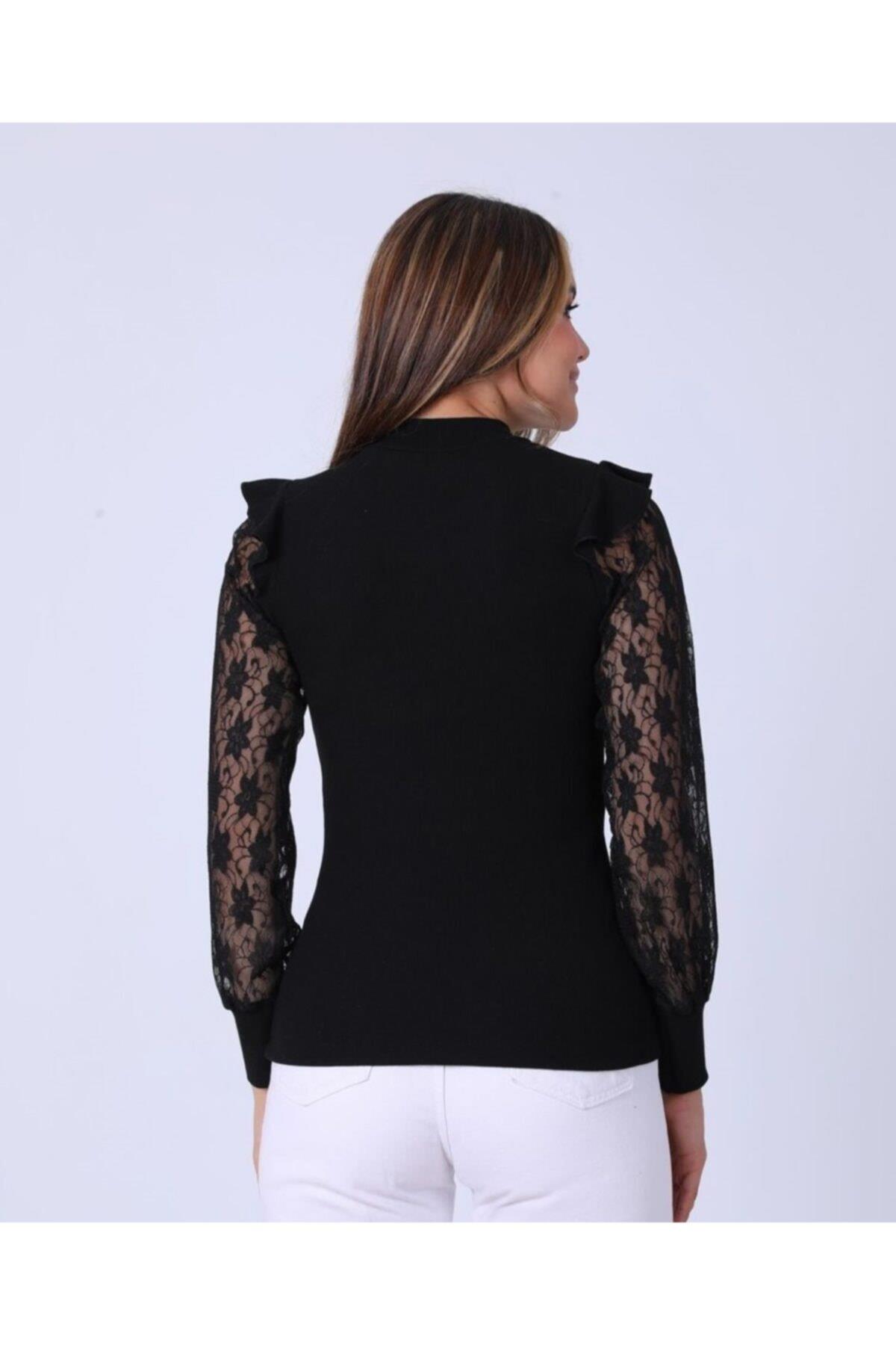 Kadın Siyah Kolları Dantel Detaylı Kazak