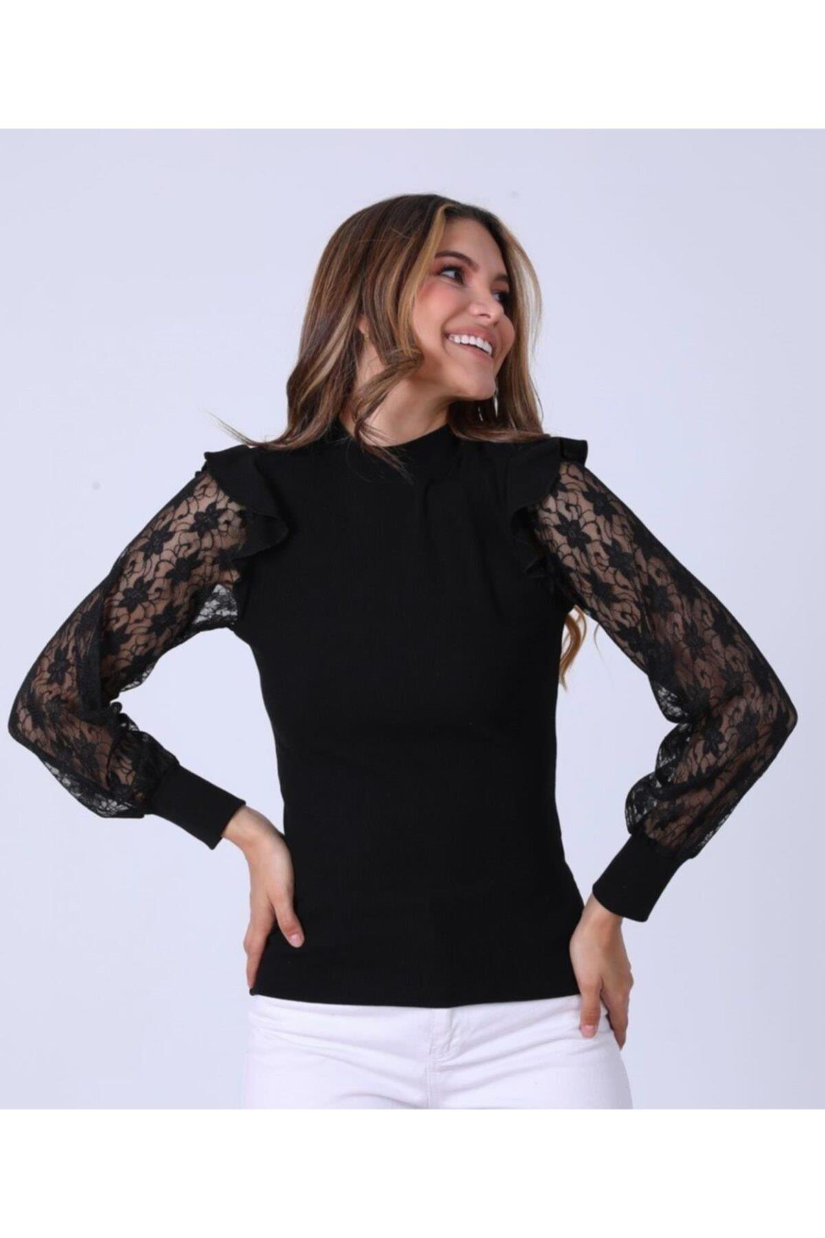 Kadın Siyah Kolları Dantel Detaylı Kazak
