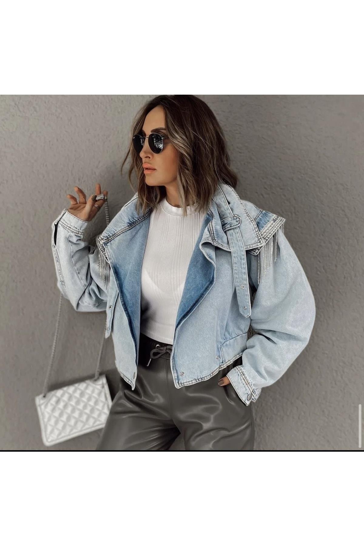 Kadın Taş Detaylı Mavi Tasarım Denim Ceket