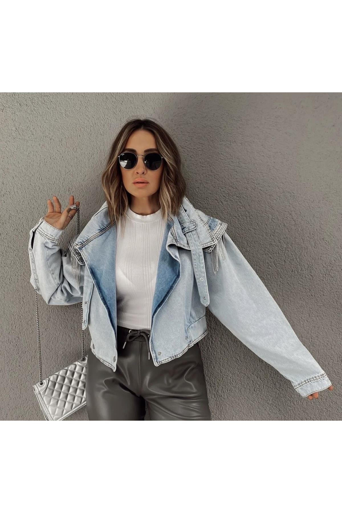 Kadın Taş Detaylı Mavi Tasarım Denim Ceket