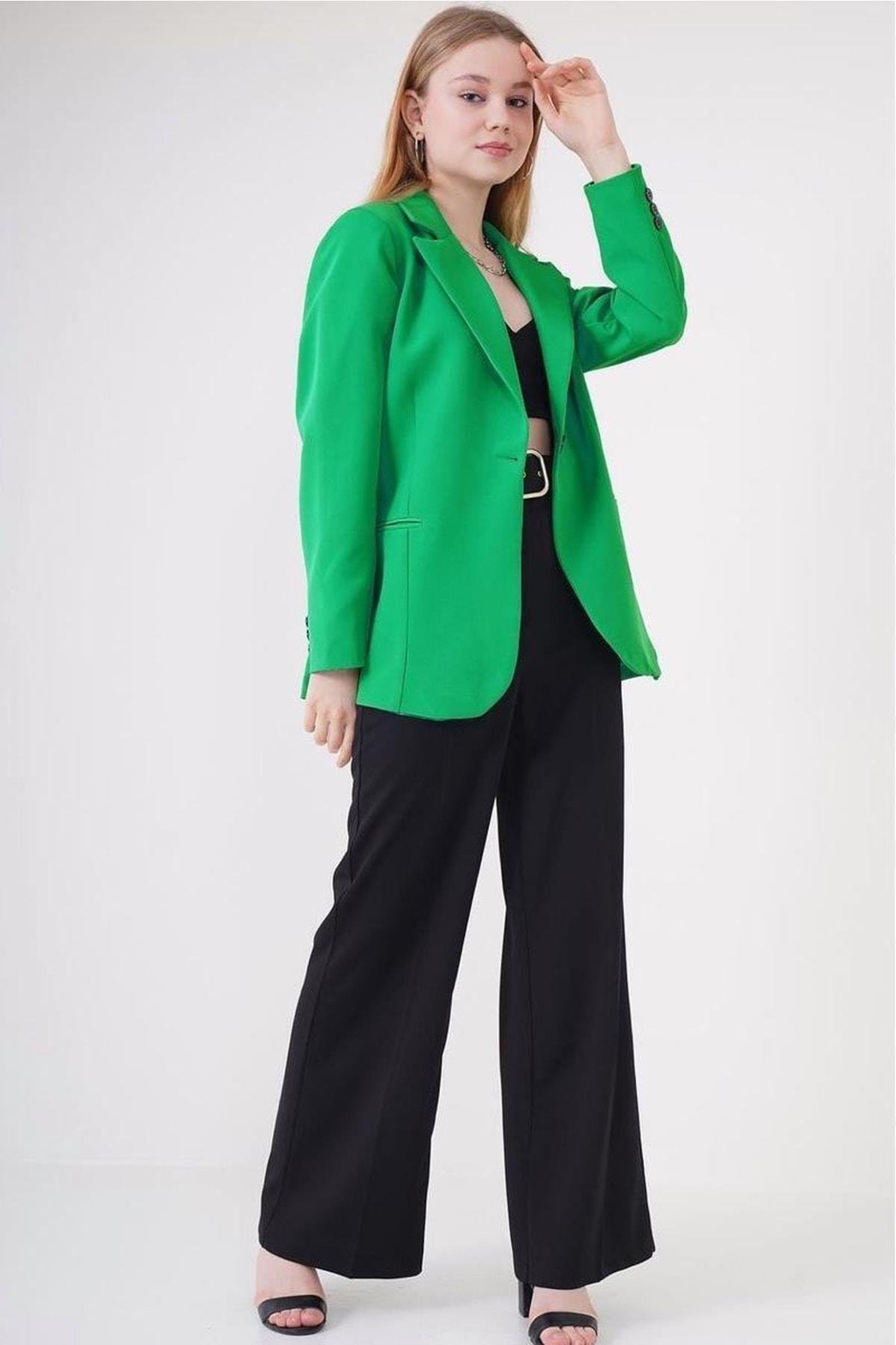 Kadın Tek Düğmeli Blazer Yeşil Ceket