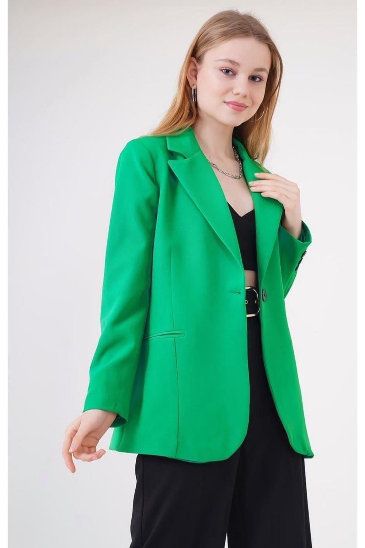 Kadın Tek Düğmeli Blazer Yeşil Ceket