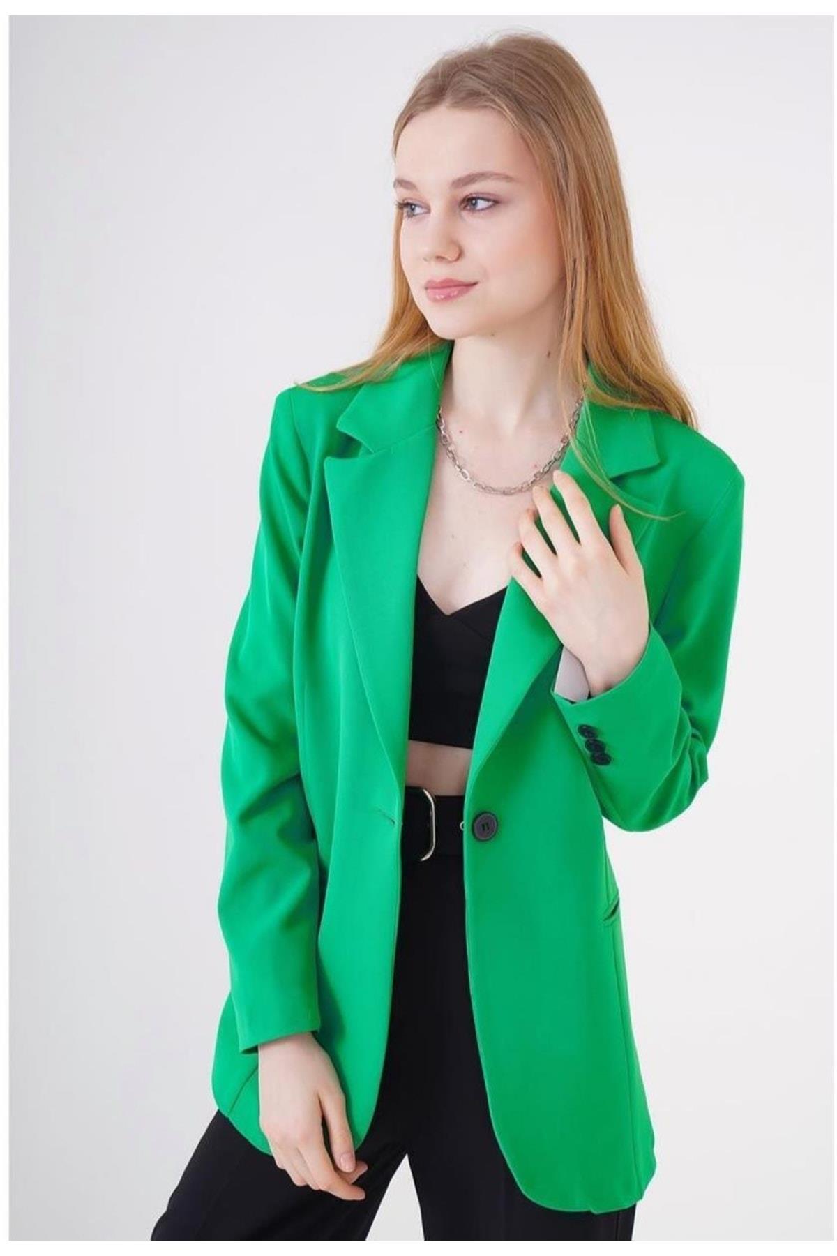 Kadın Tek Düğmeli Blazer Yeşil Ceket