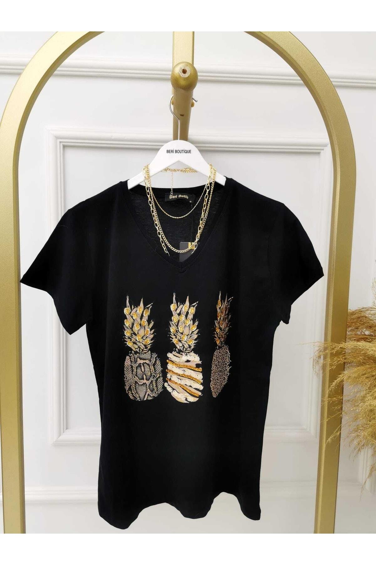 Kadın V Yaka Ananas Desenli Siyah T-shirt