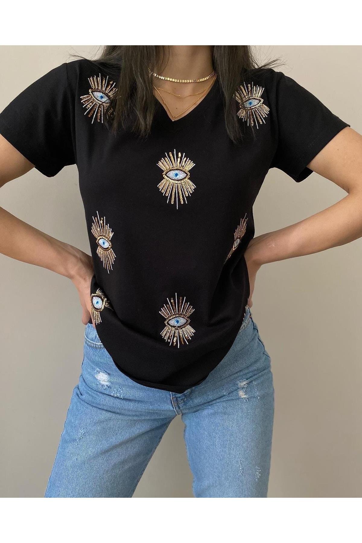 Kadın V Yaka Göz Desenli Siyah Tasarım T-shirt