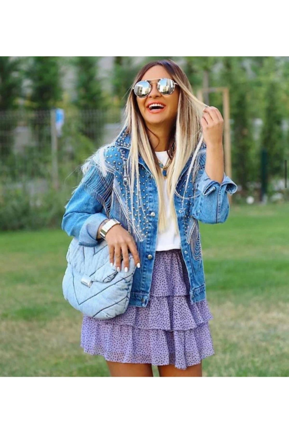 Kadın Zincir Detaylı Tasarım Mavi Denim Ceket