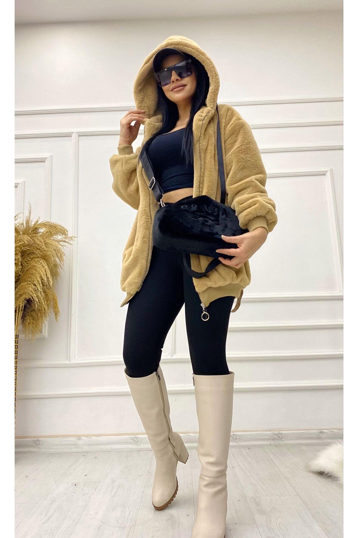 Kapişonlu Camel Yumoş Mont