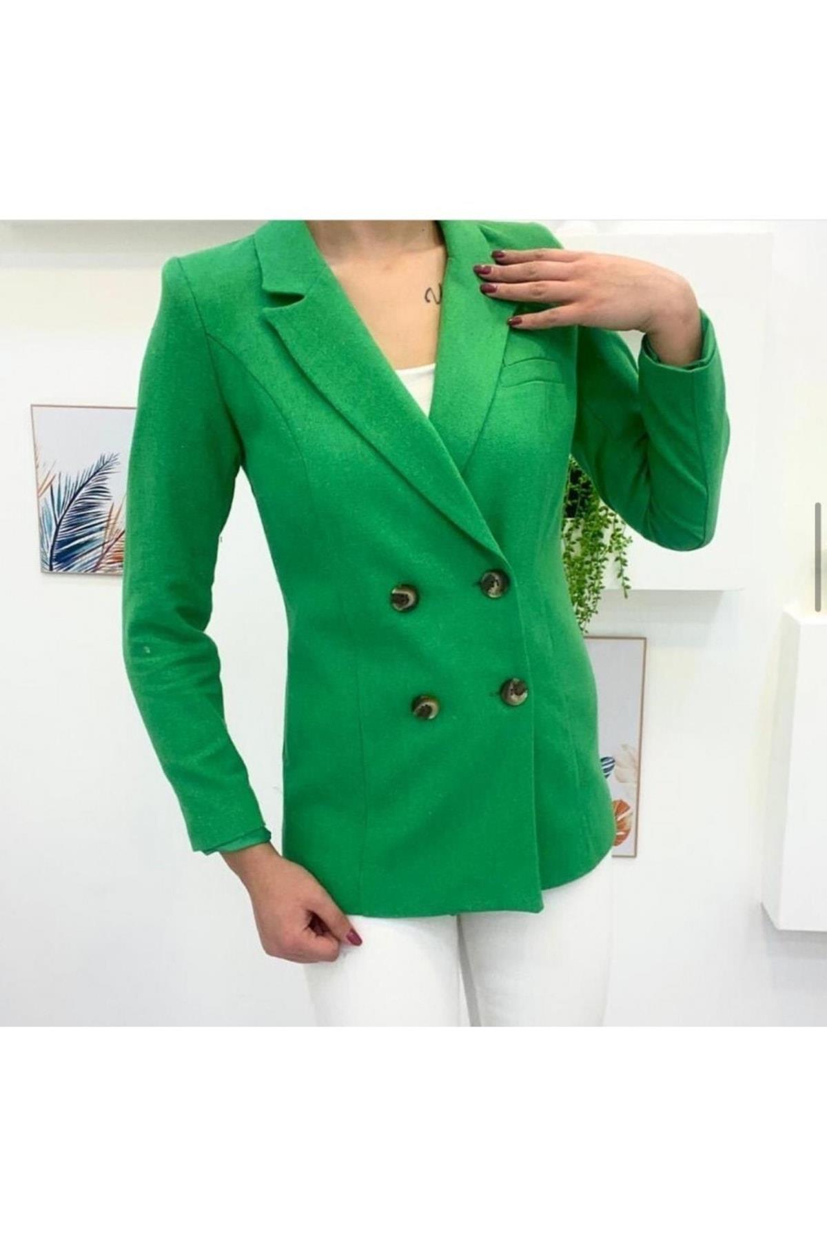Keten Düğme Detaylı Yeşil Blazer Ceket