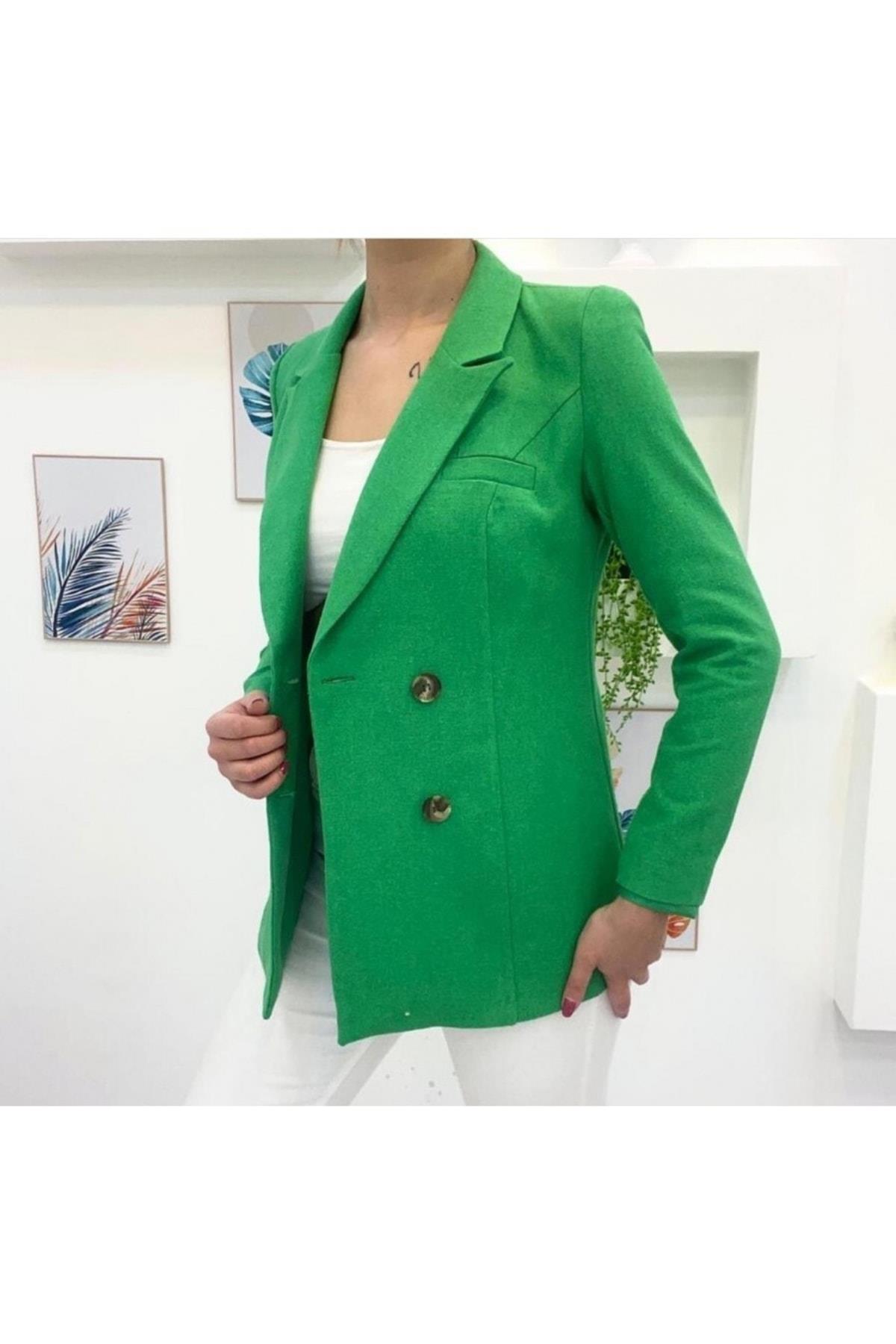 Keten Düğme Detaylı Yeşil Blazer Ceket