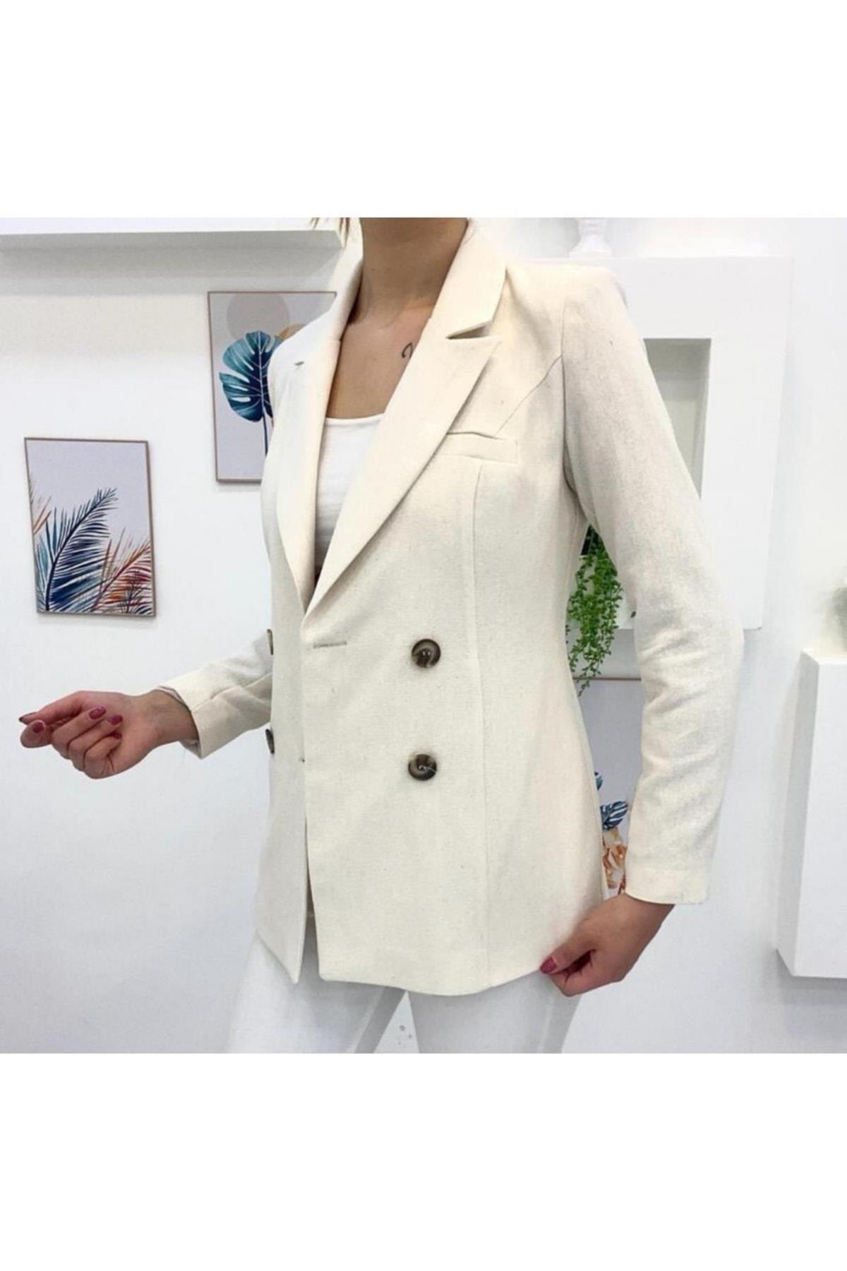 Keten Düğme Detaylı Yeşil Blazer Ceket