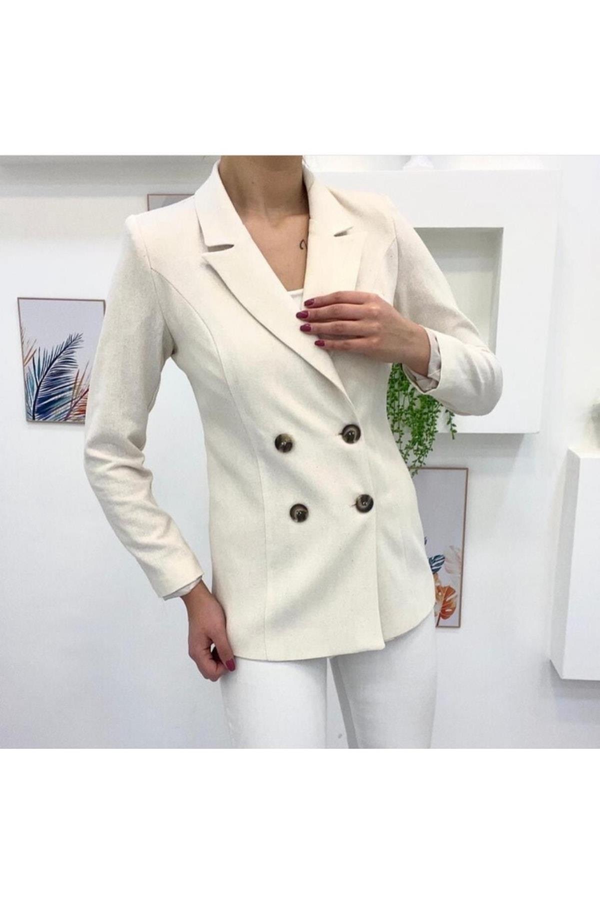 Keten Düğme Detaylı Yeşil Blazer Ceket
