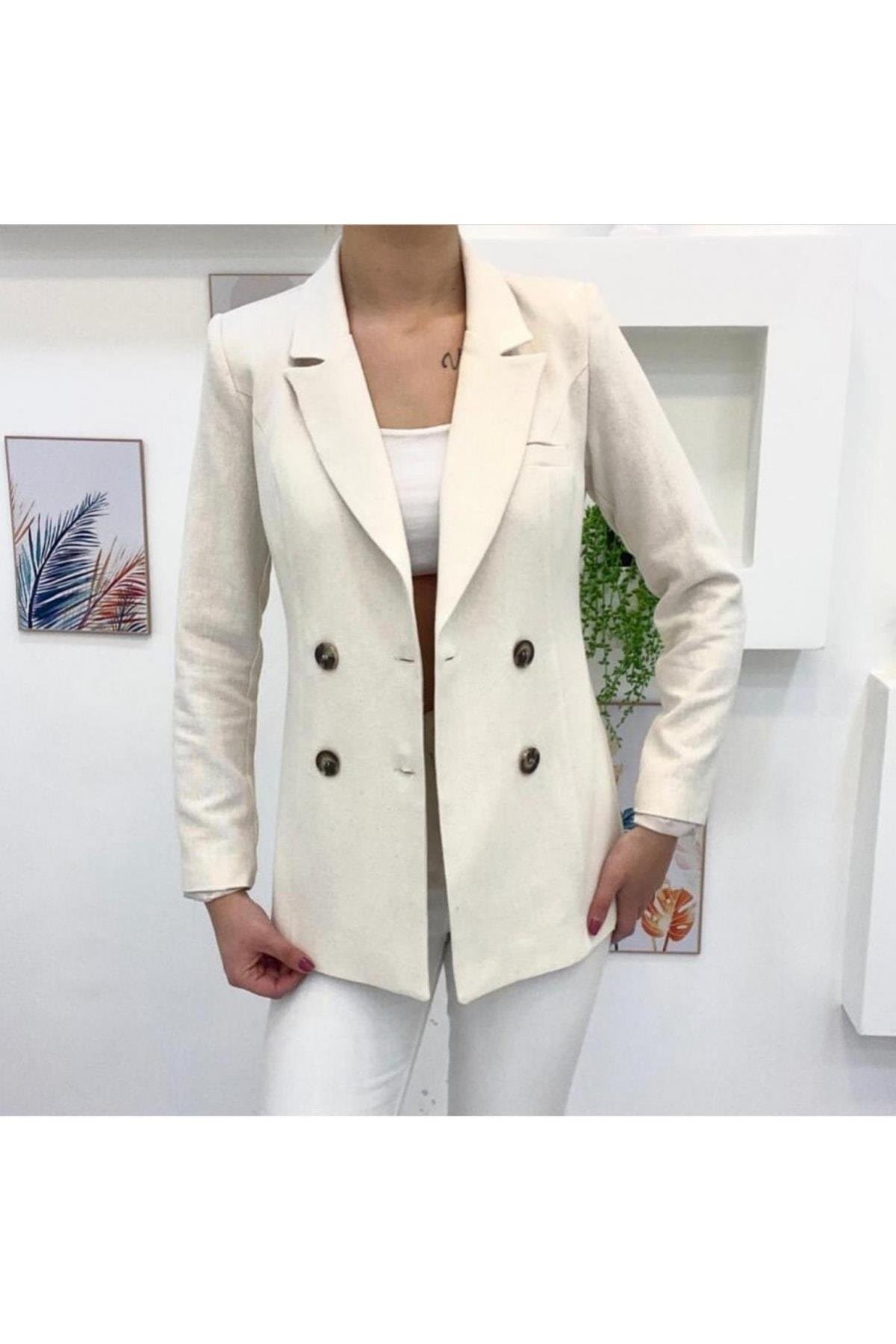 Keten Düğme Detaylı Yeşil Blazer Ceket