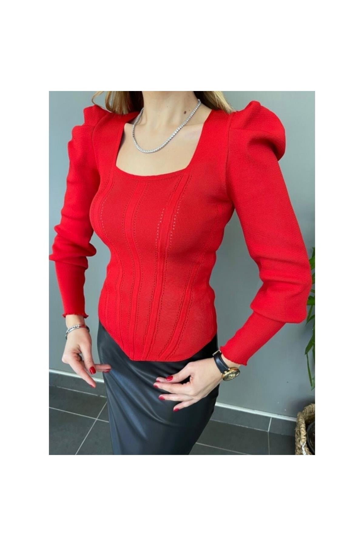 Kırmızı Prenses Kol Kare Yaka Triko