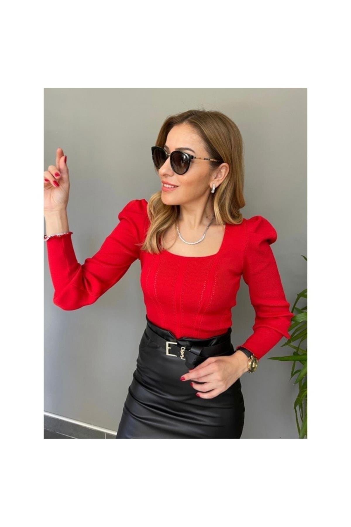 Kırmızı Prenses Kol Kare Yaka Triko