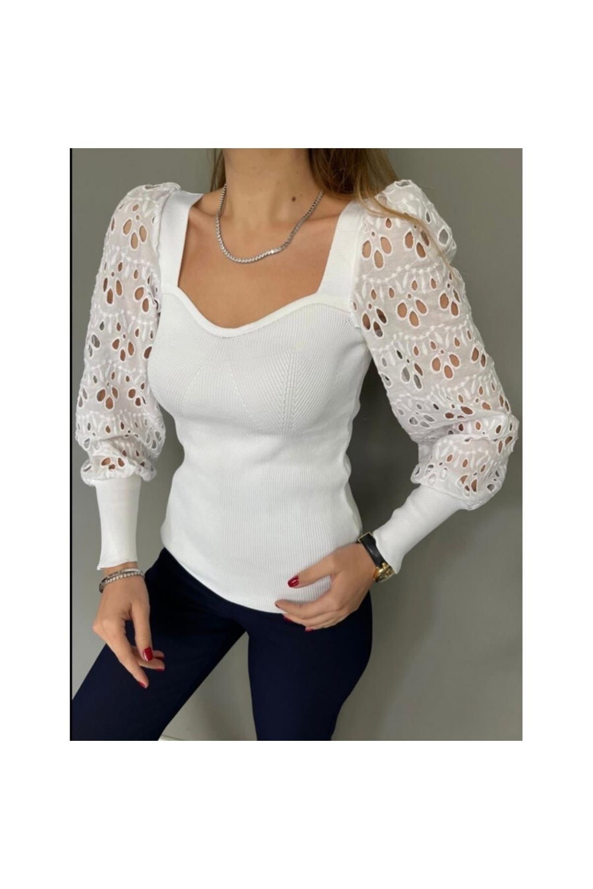 Kolu Fisto Öpücük Yaka Beyaz Çelik Triko