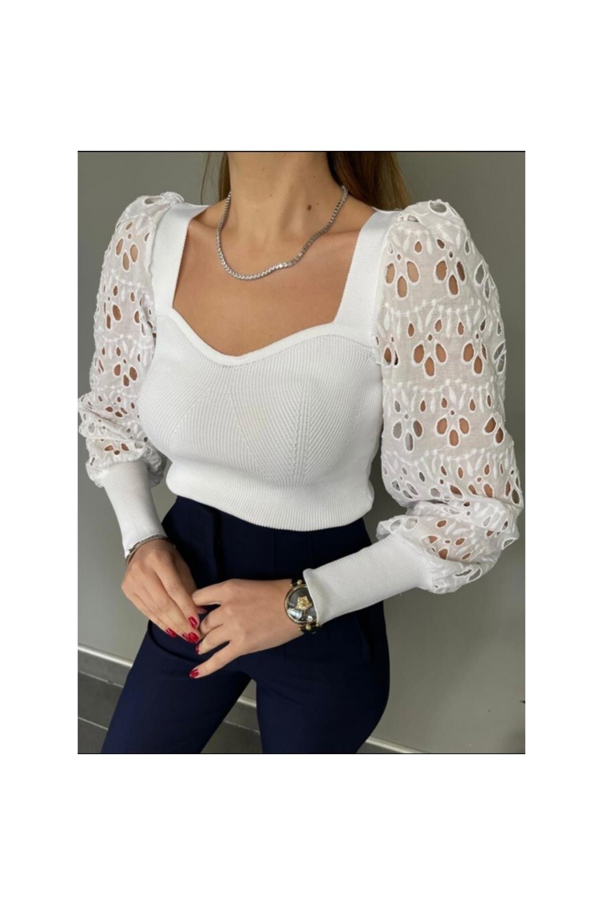 Kolu Fisto Öpücük Yaka Beyaz Çelik Triko