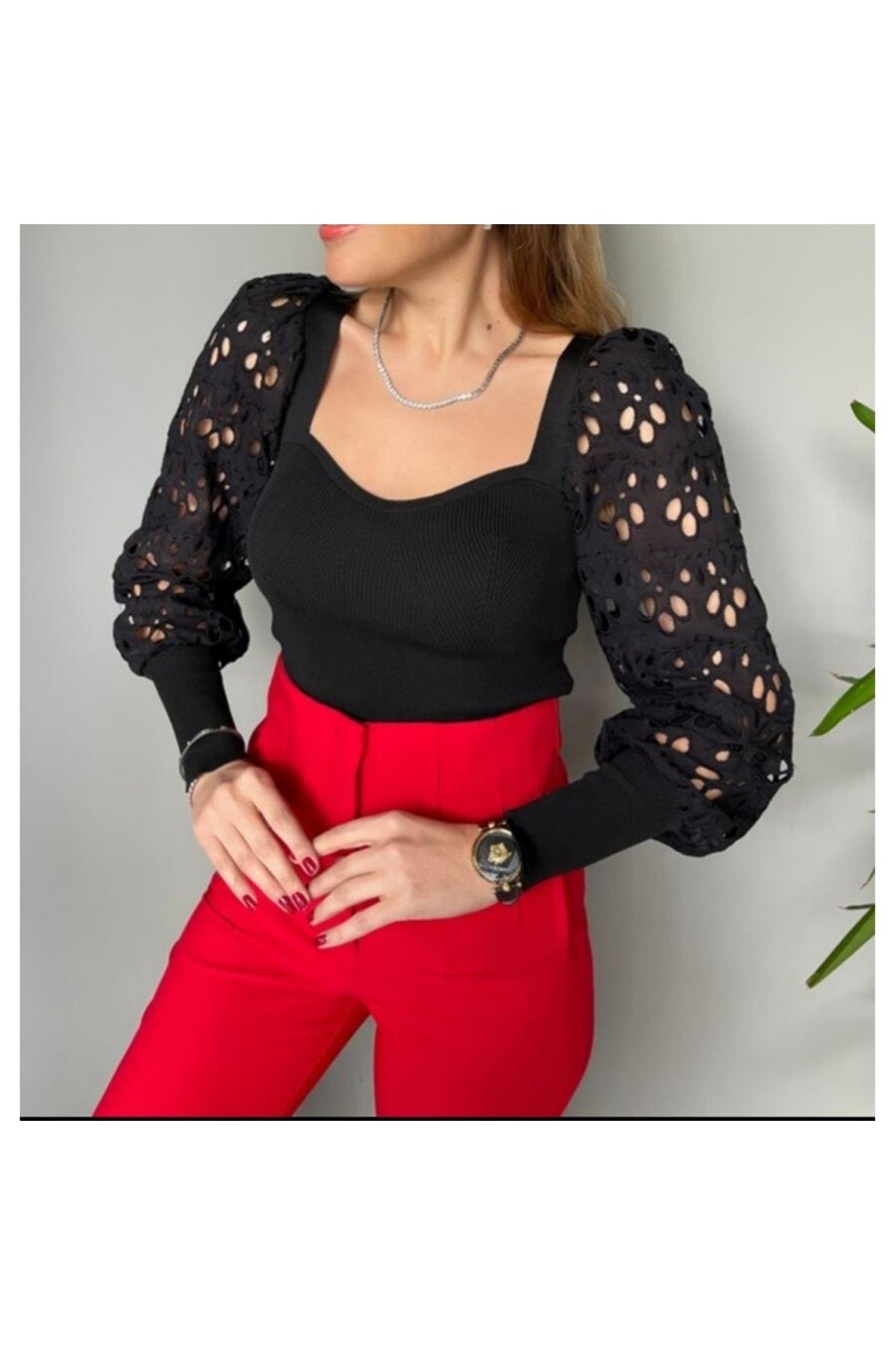 Kolu Fisto Öpücük Yaka Siyah Çelik Triko