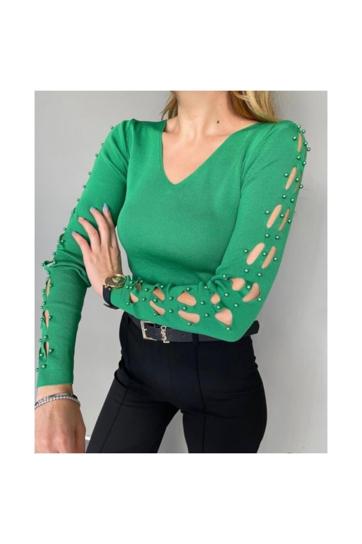 Kolu Inci Detaylı Yeşil Çelik Örme Triko
