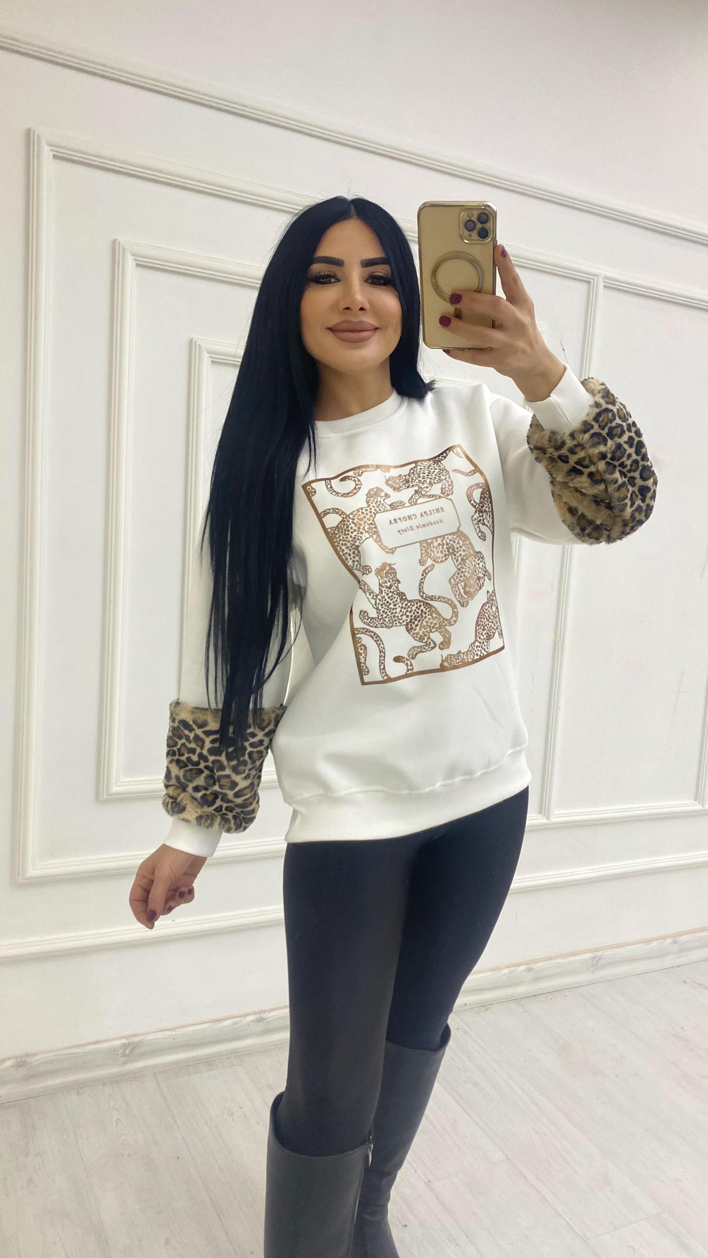 Krem Kolları Yumoş  Kürklü Leopar Desenli Sweat