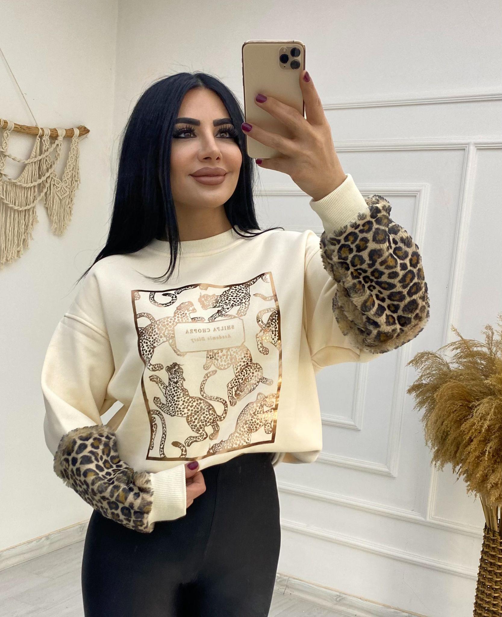 Krem Kolları Yumoş  Kürklü Leopar Desenli Sweat